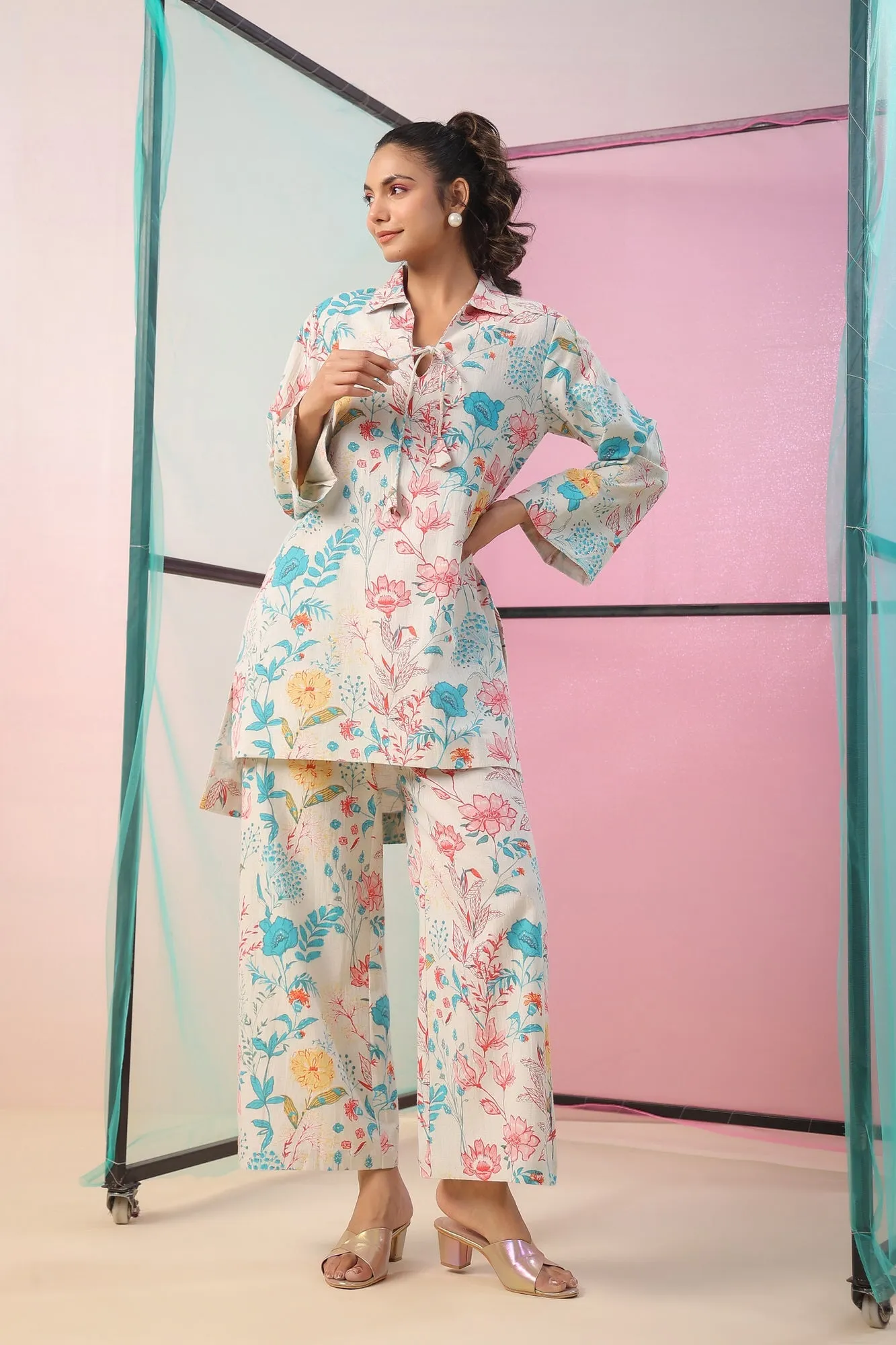 Florals On Cotton Flex Palazzo Loungewear Set