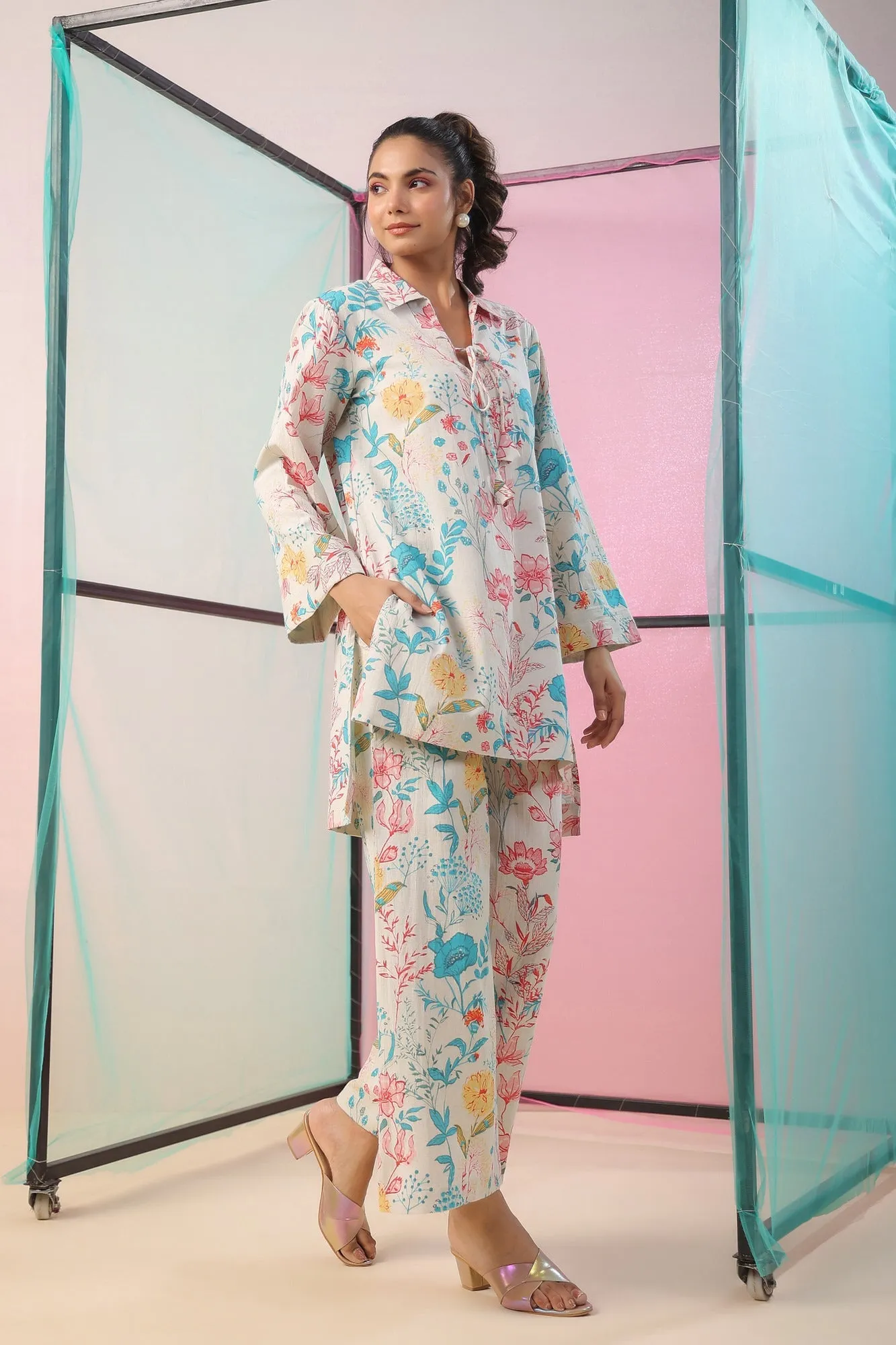 Florals On Cotton Flex Palazzo Loungewear Set