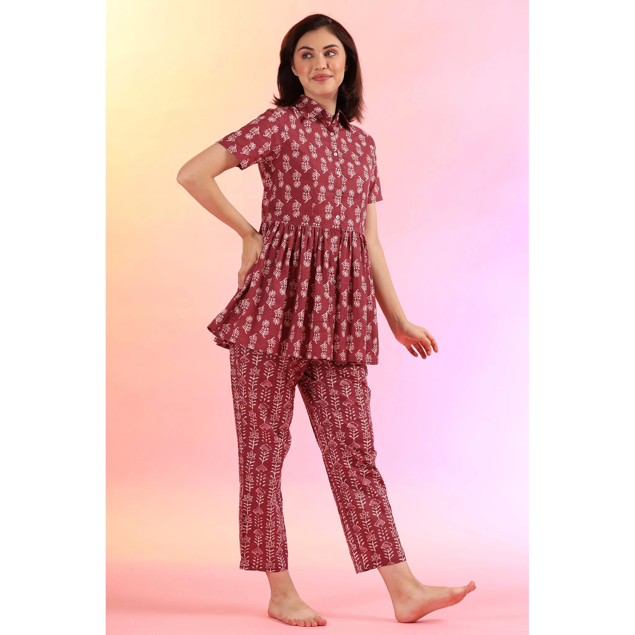 Flowers with Stripes on Wine Loungewear Top Set