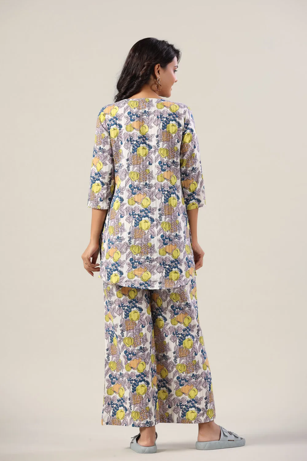 Fresh fruits on Blue Cotton Palazzo Loungewear Set