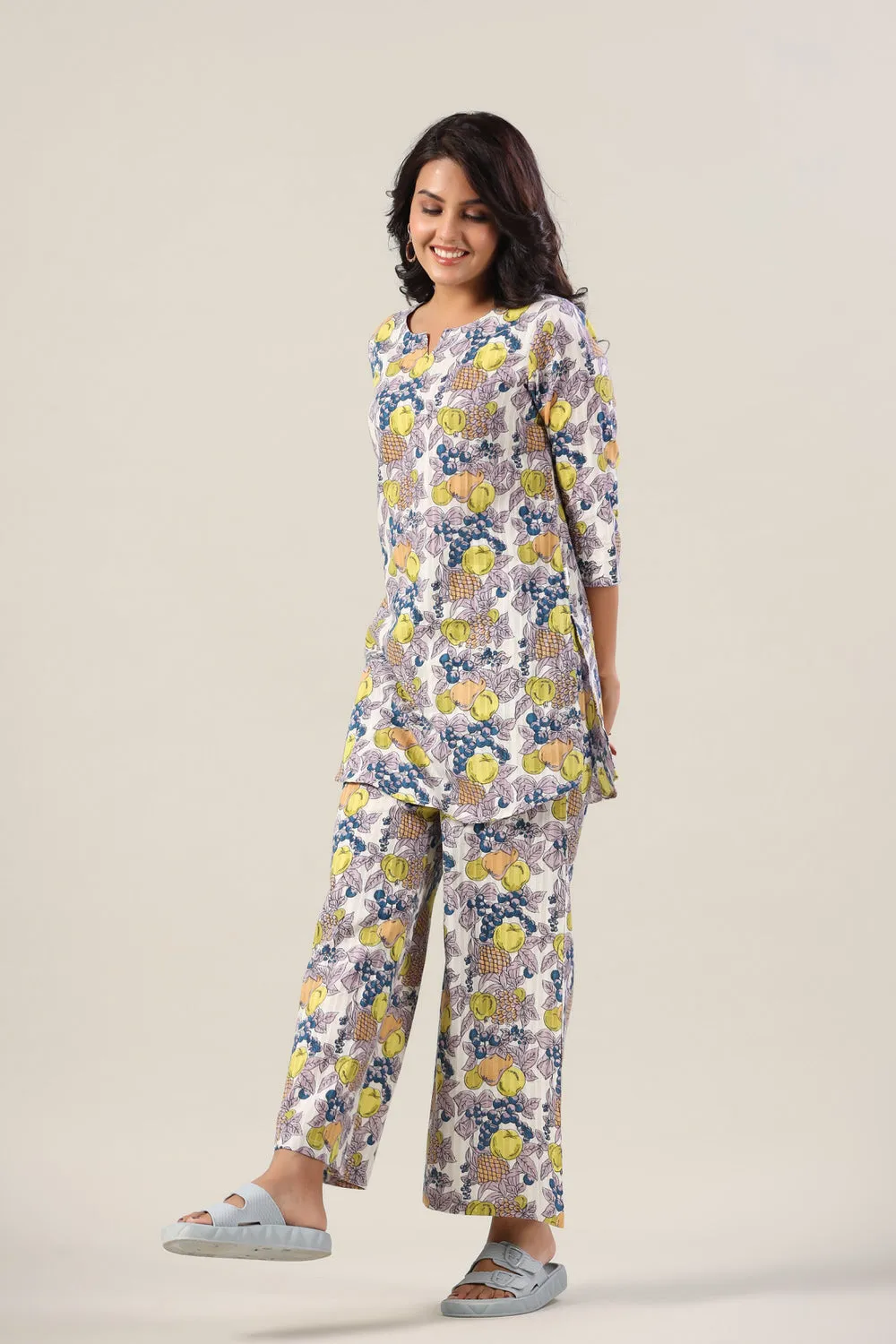 Fresh fruits on Blue Cotton Palazzo Loungewear Set