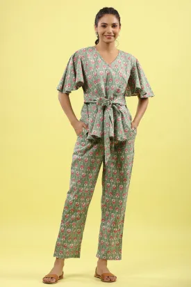 Geometrical Print on Green Tie Up Loungewear Top Set