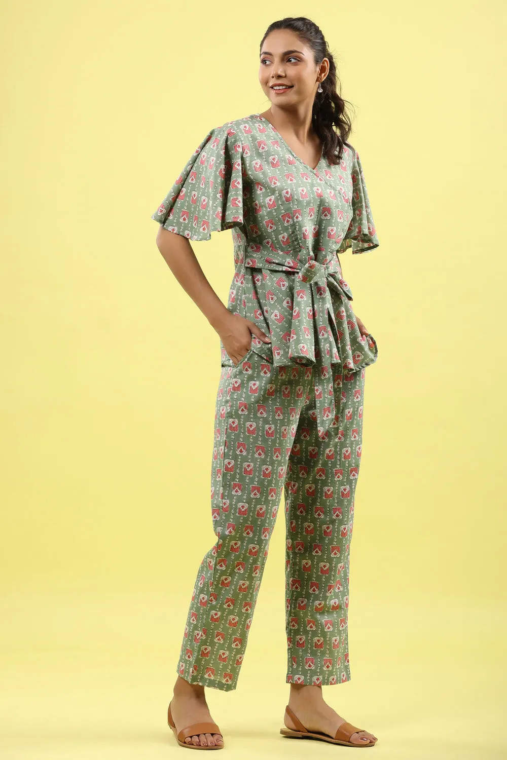 Geometrical Print on Green Tie Up Loungewear Top Set