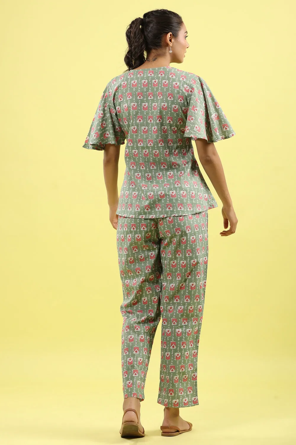 Geometrical Print on Green Tie Up Loungewear Top Set