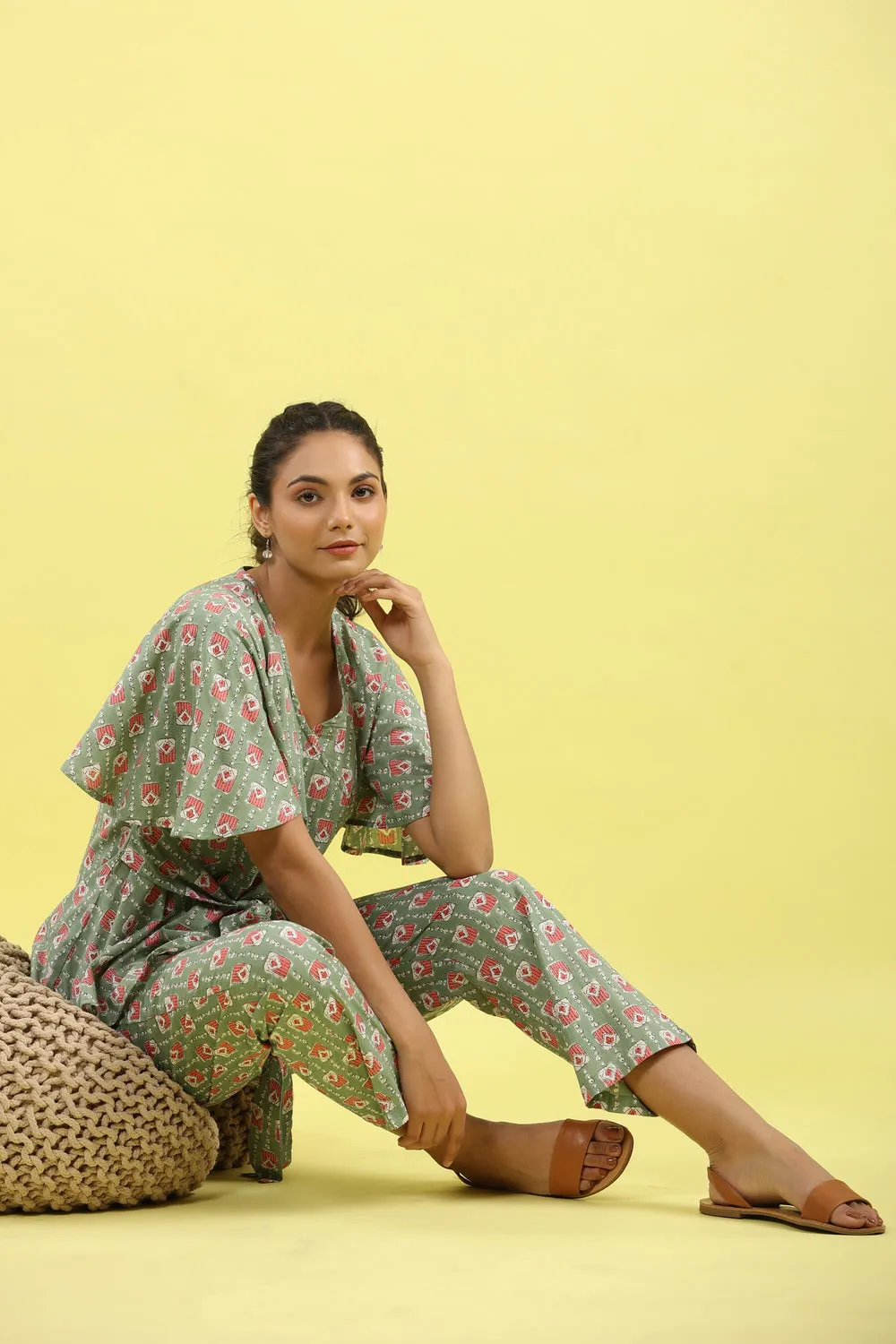 Geometrical Print on Green Tie Up Loungewear Top Set