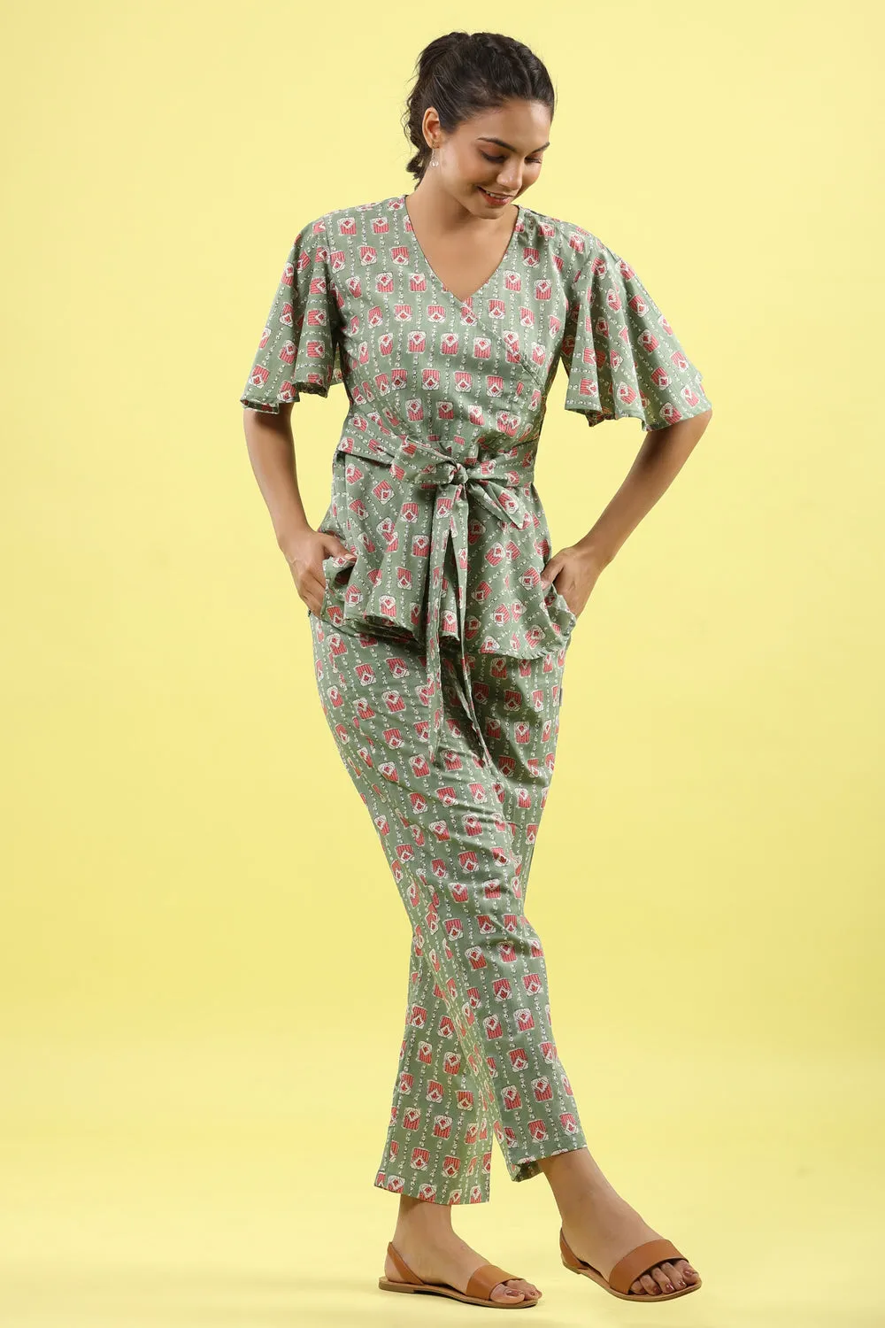 Geometrical Print on Green Tie Up Loungewear Top Set