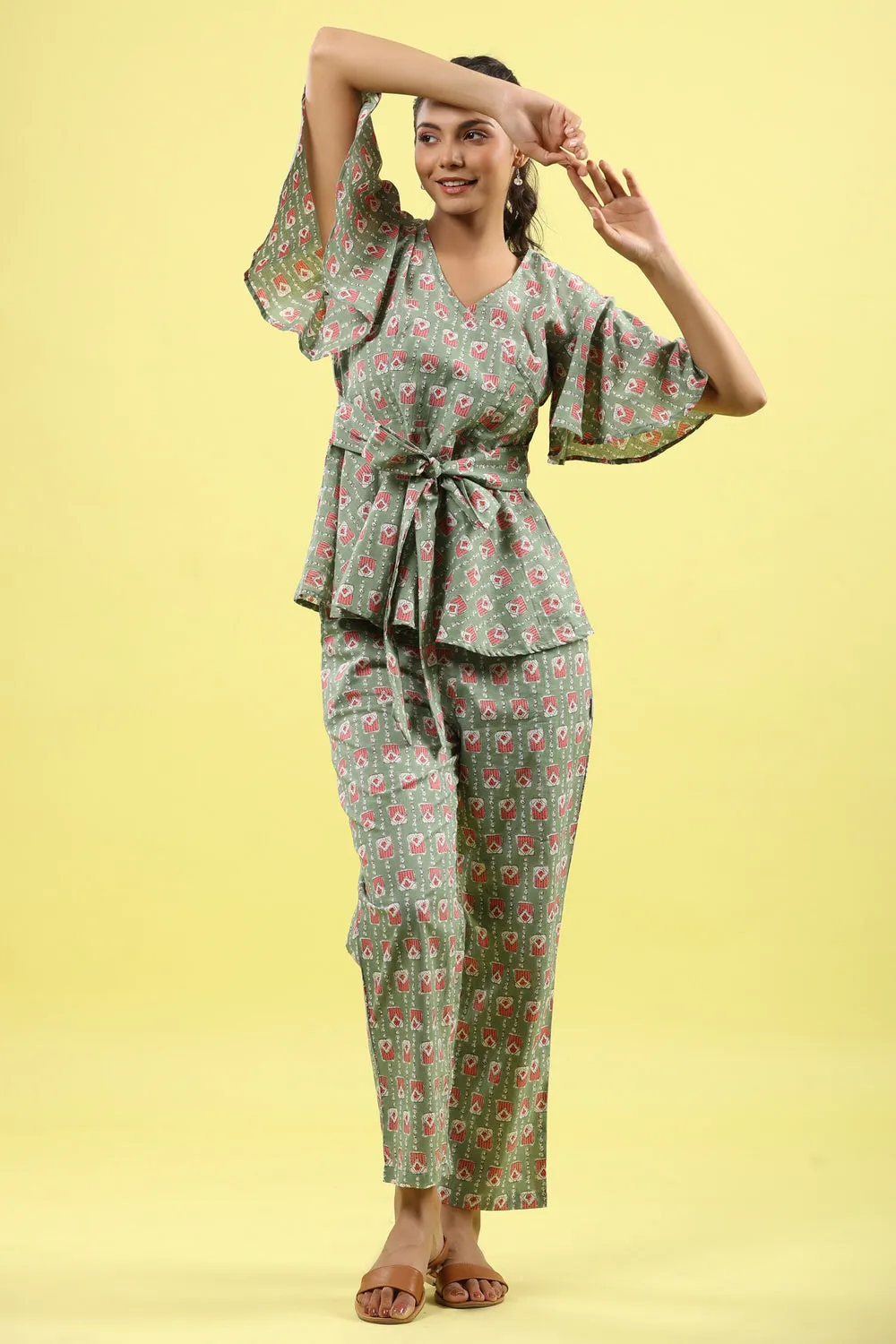 Geometrical Print on Green Tie Up Loungewear Top Set