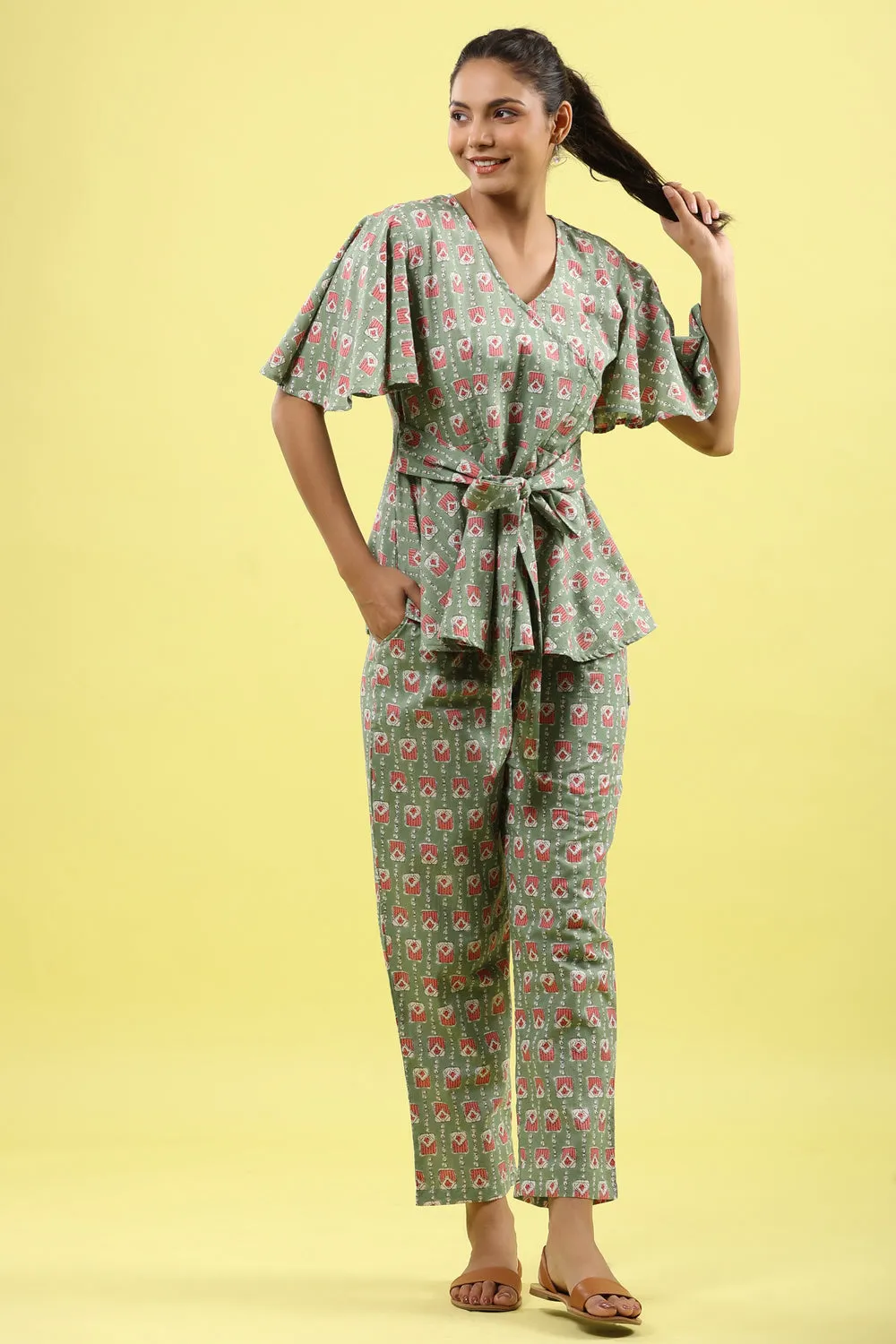 Geometrical Print on Green Tie Up Loungewear Top Set