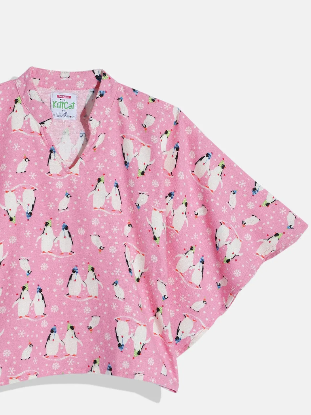 Girls Penquins Pink Kaftan Pyjama Set