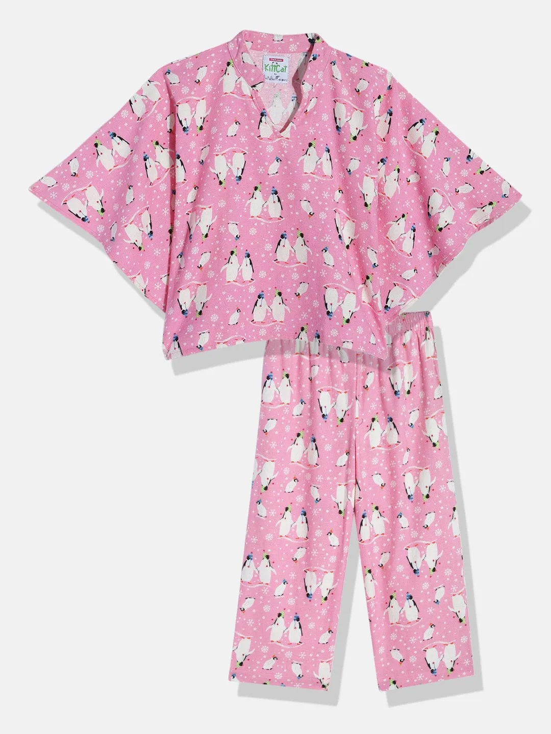 Girls Penquins Pink Kaftan Pyjama Set