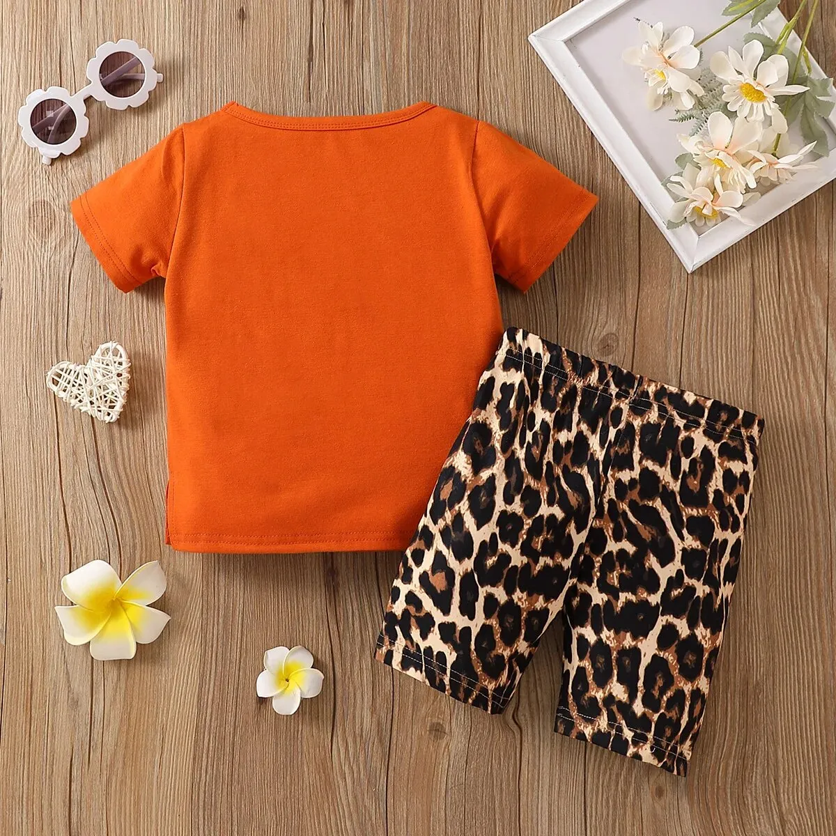 girls' printed tops, leopard shorts set*