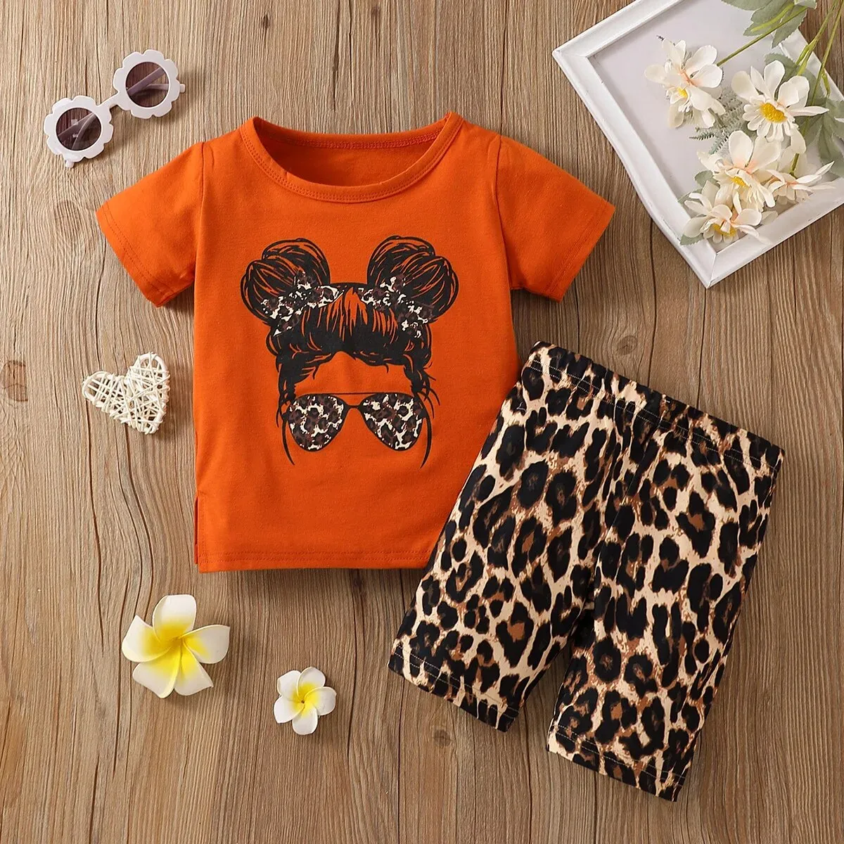 girls' printed tops, leopard shorts set*