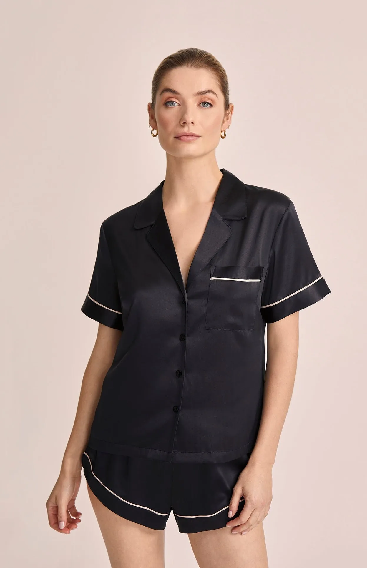 Grace Short Pyjama Set - Black with Blush Piping