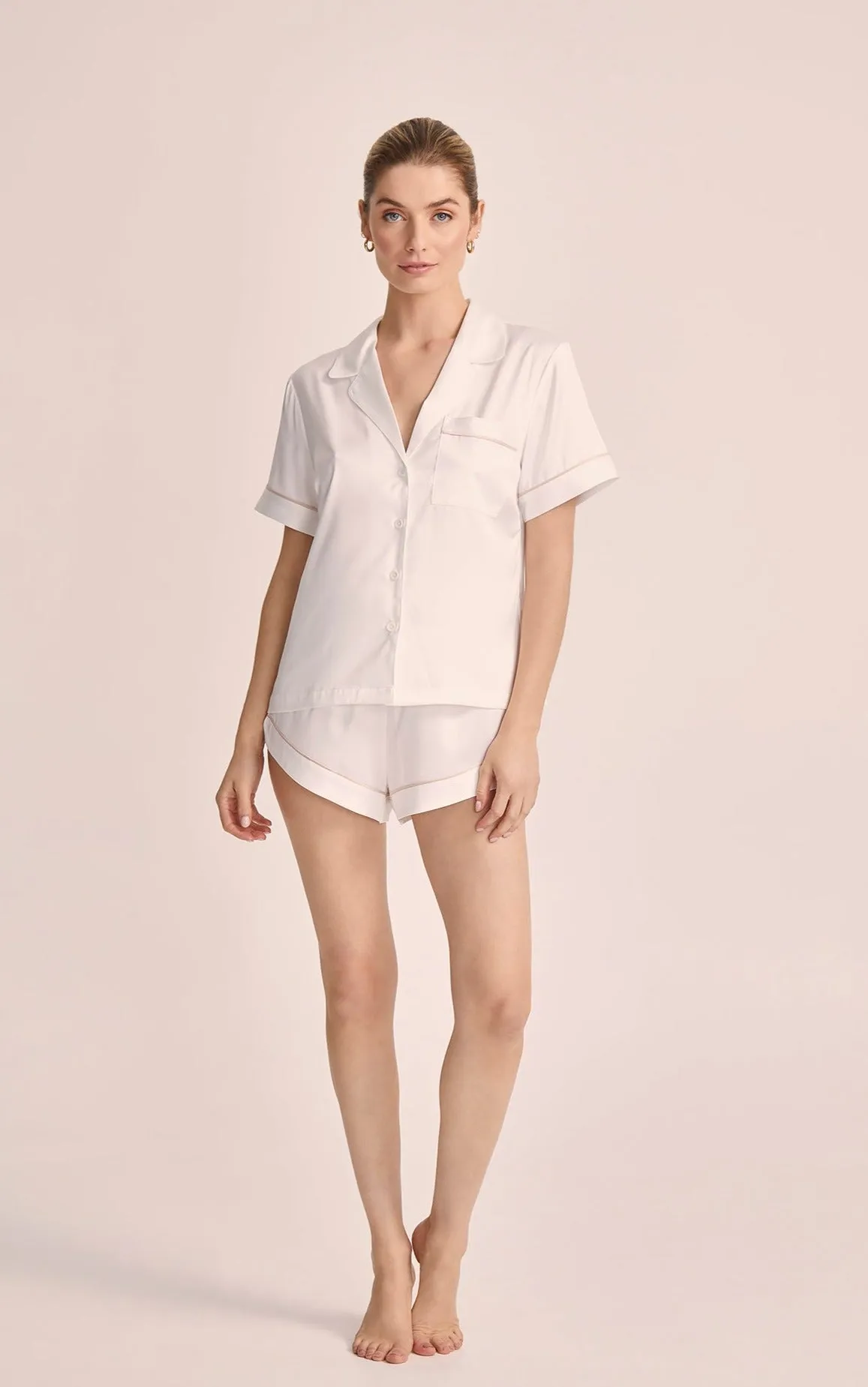 Grace Short Pyjama Set - White with Blush Piping