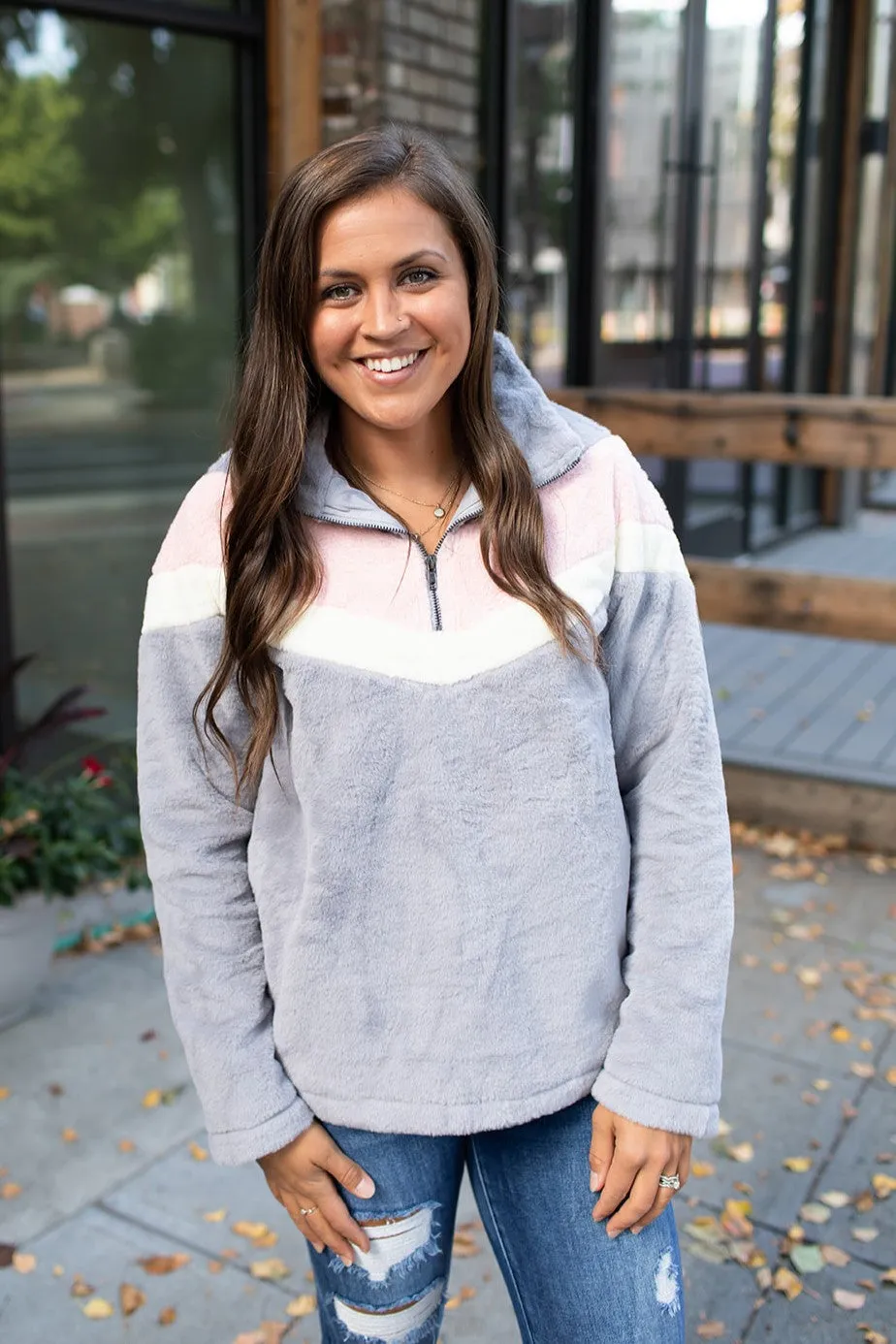 Gray Pink Cream 1/2 Zip Fleece Pullover