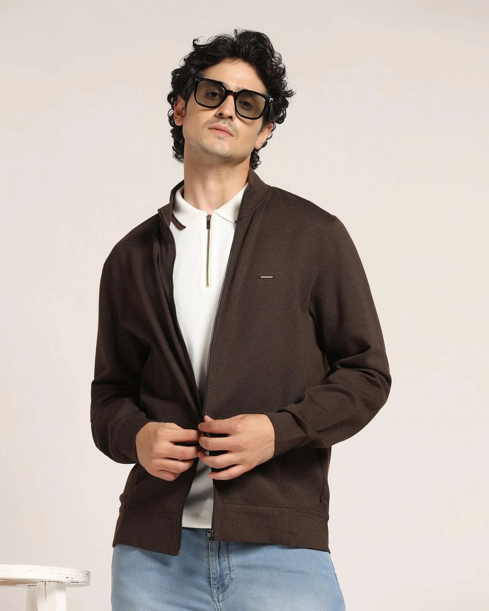 High Neck Tobacco Brown Solid Sweatshirt - Novem