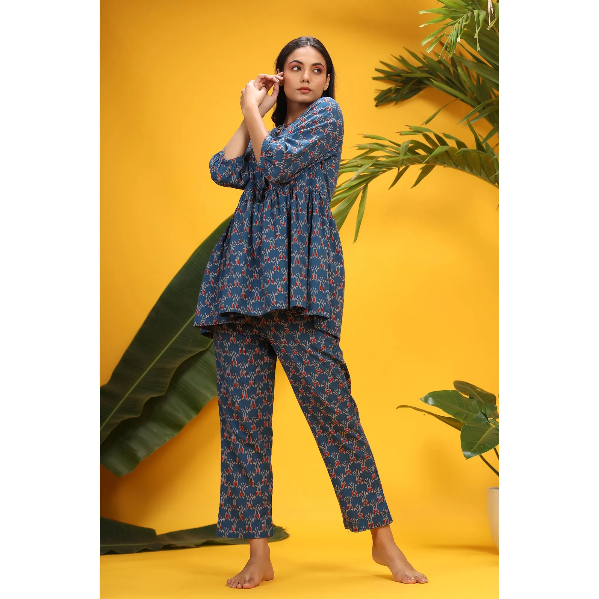 Ikat on Blue Loungewear Top Set