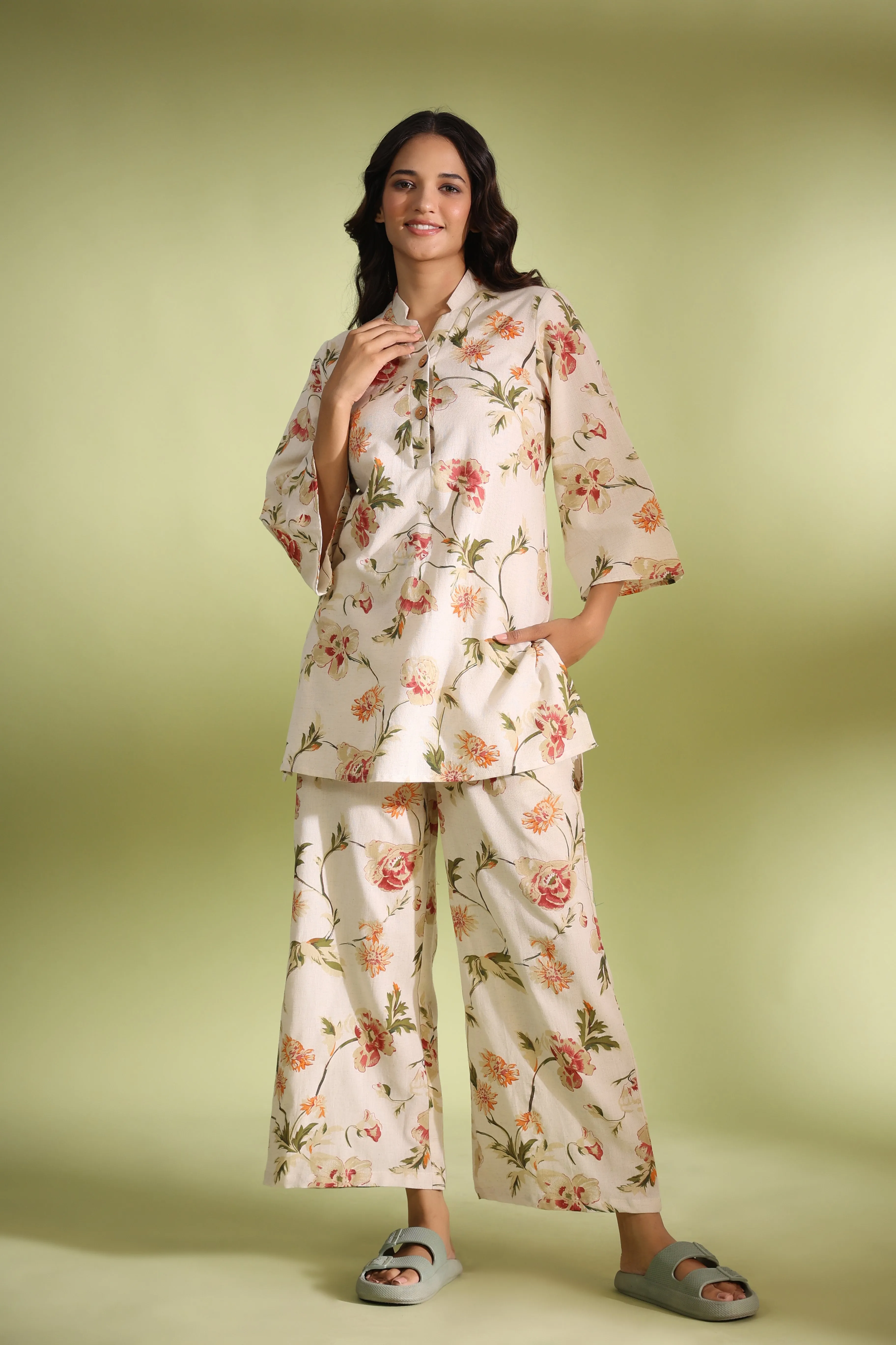 Iris on Off white Cotton Palazzo Loungewear Set