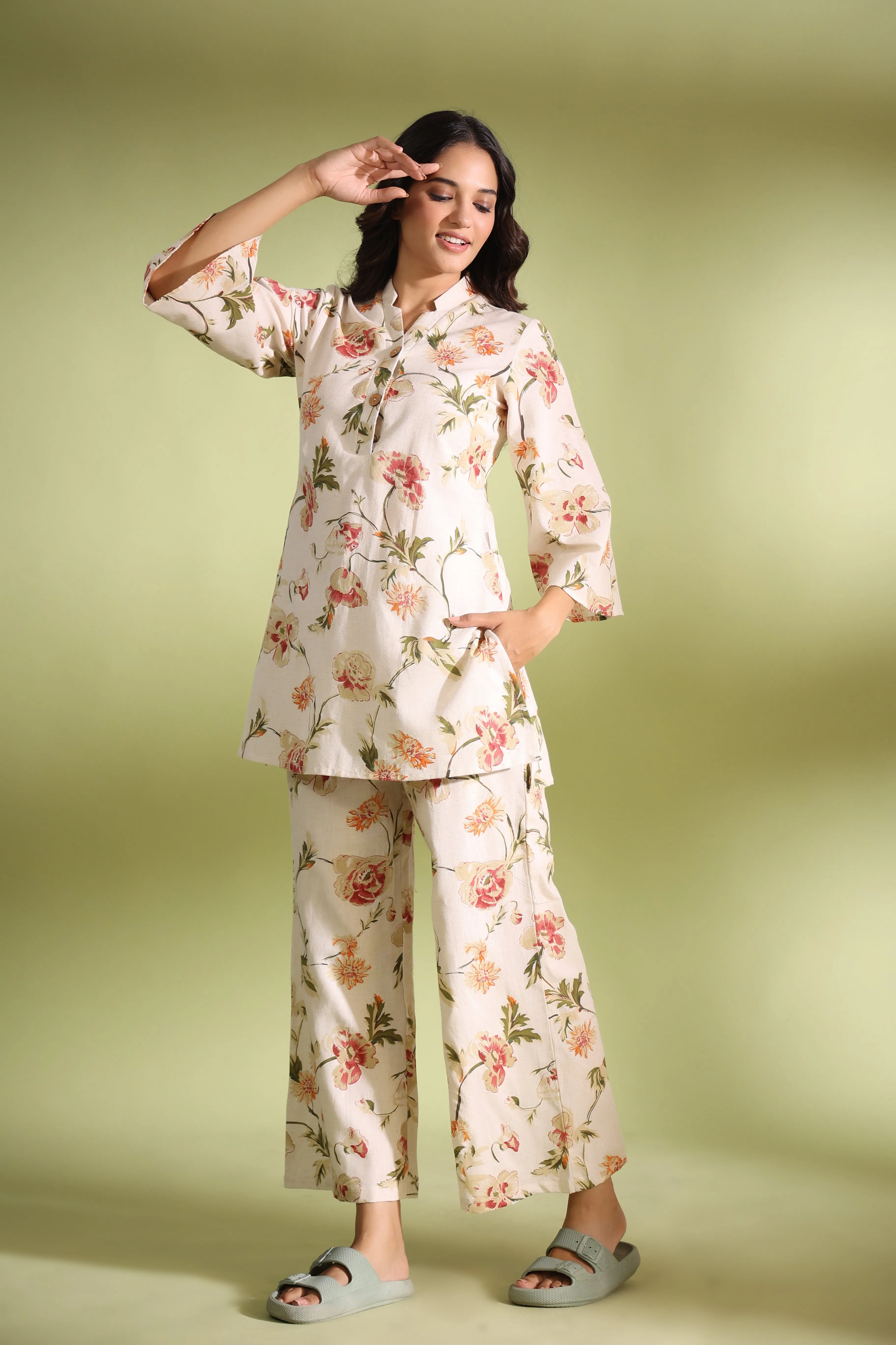 Iris on Off white Cotton Palazzo Loungewear Set