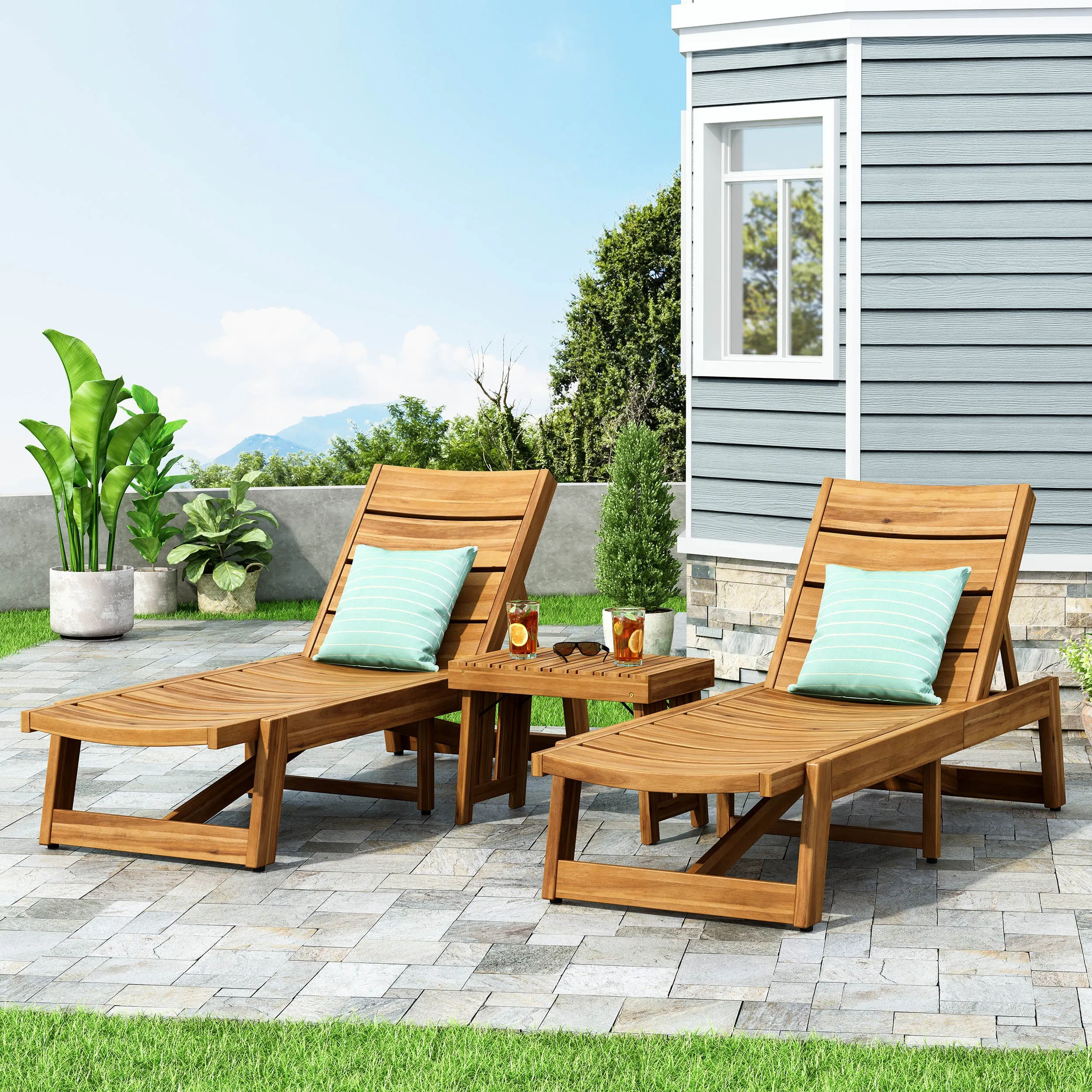 Karyme Outdoor Acacia Wood 3 Piece Chaise Lounge Set