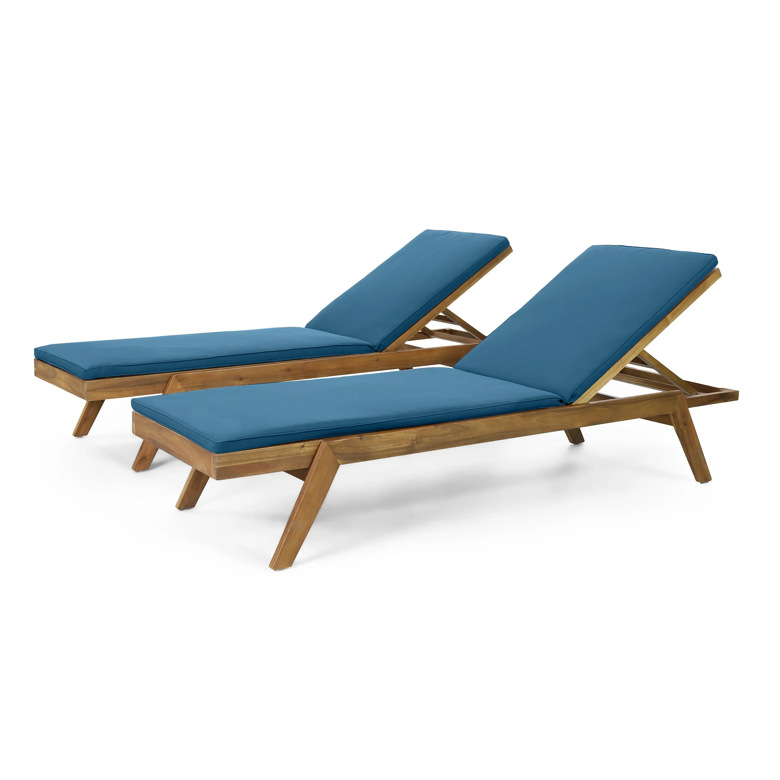 Larimore Outdoor Acacia Wood Chaise Lounge with Water Resistant Cushions, Set of 2