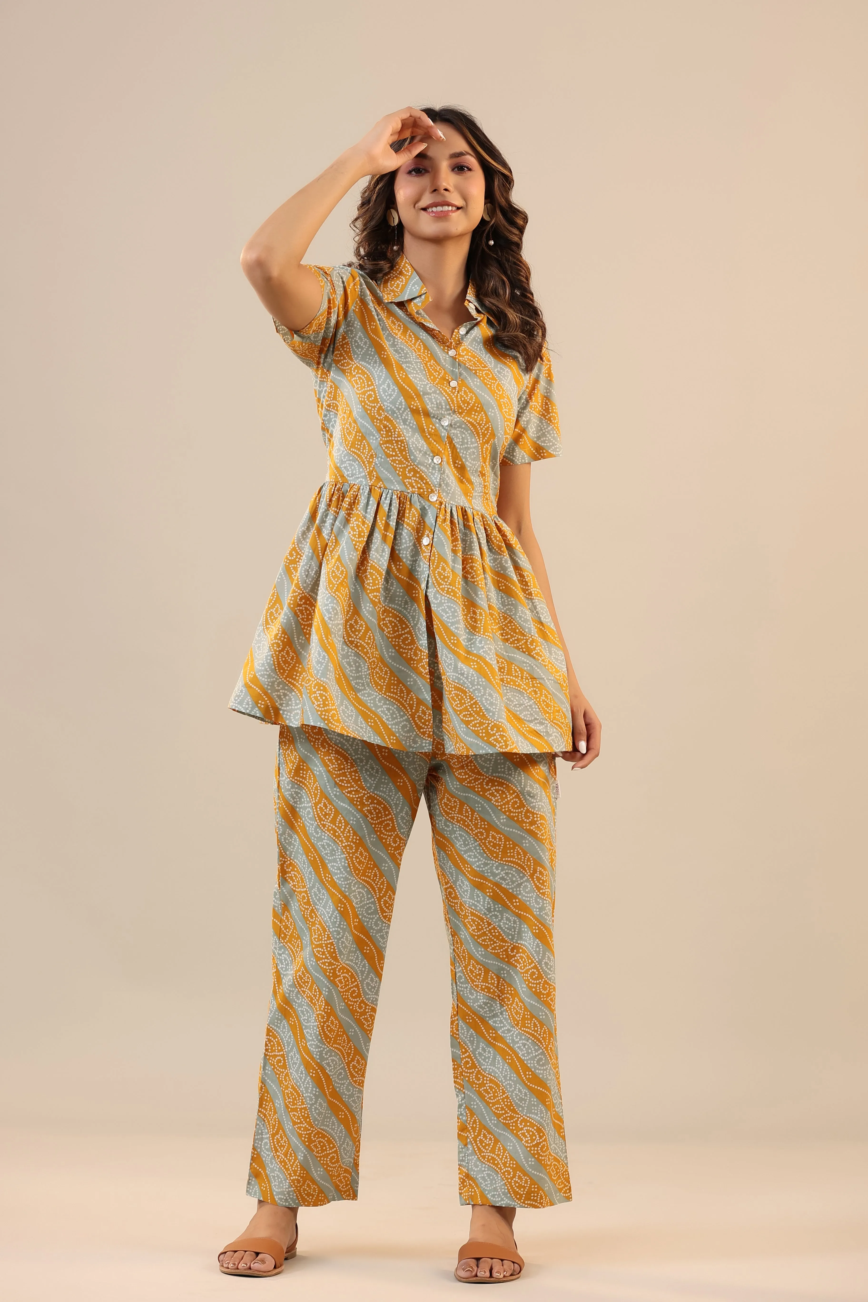 Lehariya with Bhandej on Cotton Peplum Loungewear Top Set