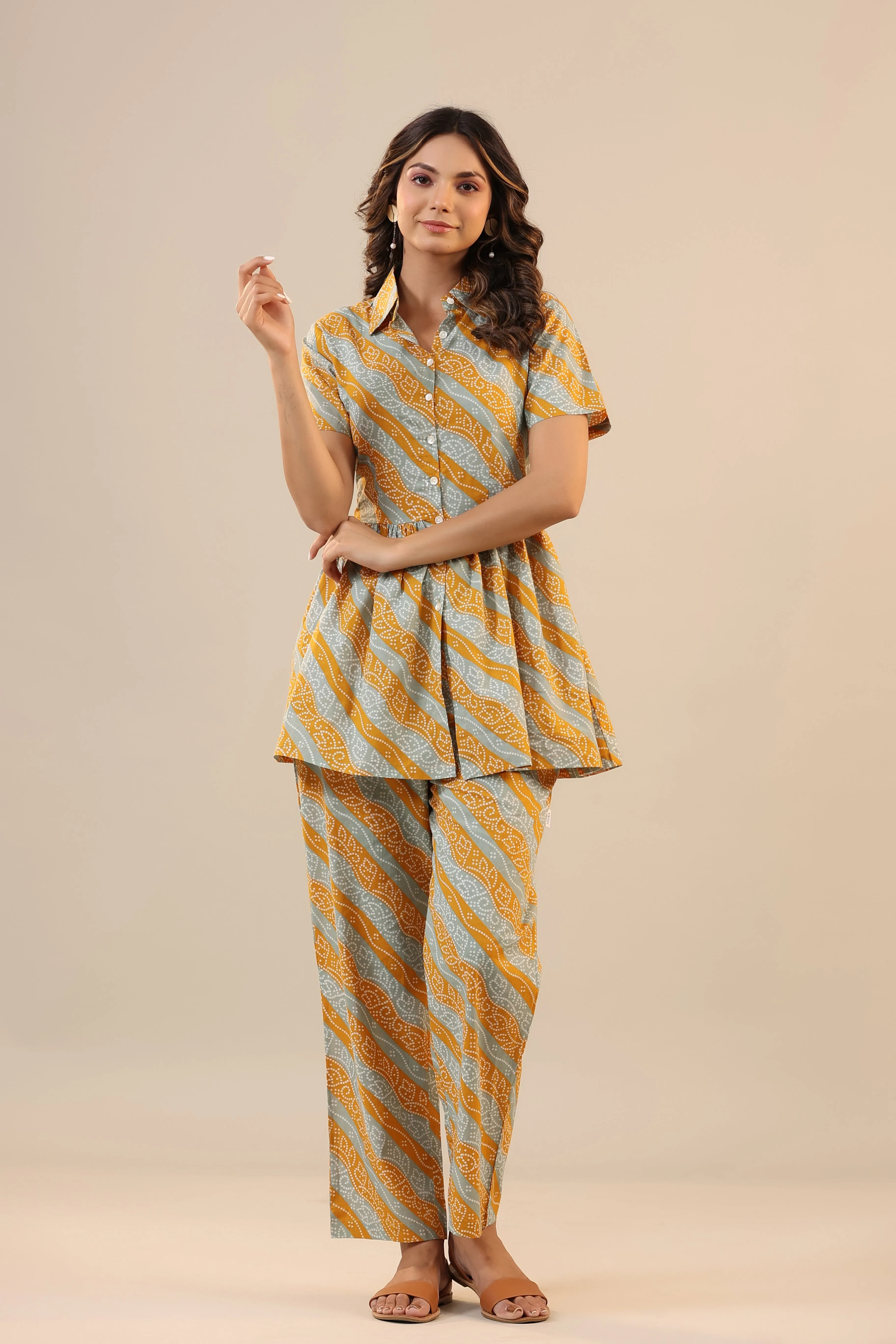 Lehariya with Bhandej on Cotton Peplum Loungewear Top Set