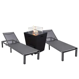 Marlin Modern Black Aluminum Outdoor Chaise Lounge Chair With Square Fire Pit Side Table Set of 2