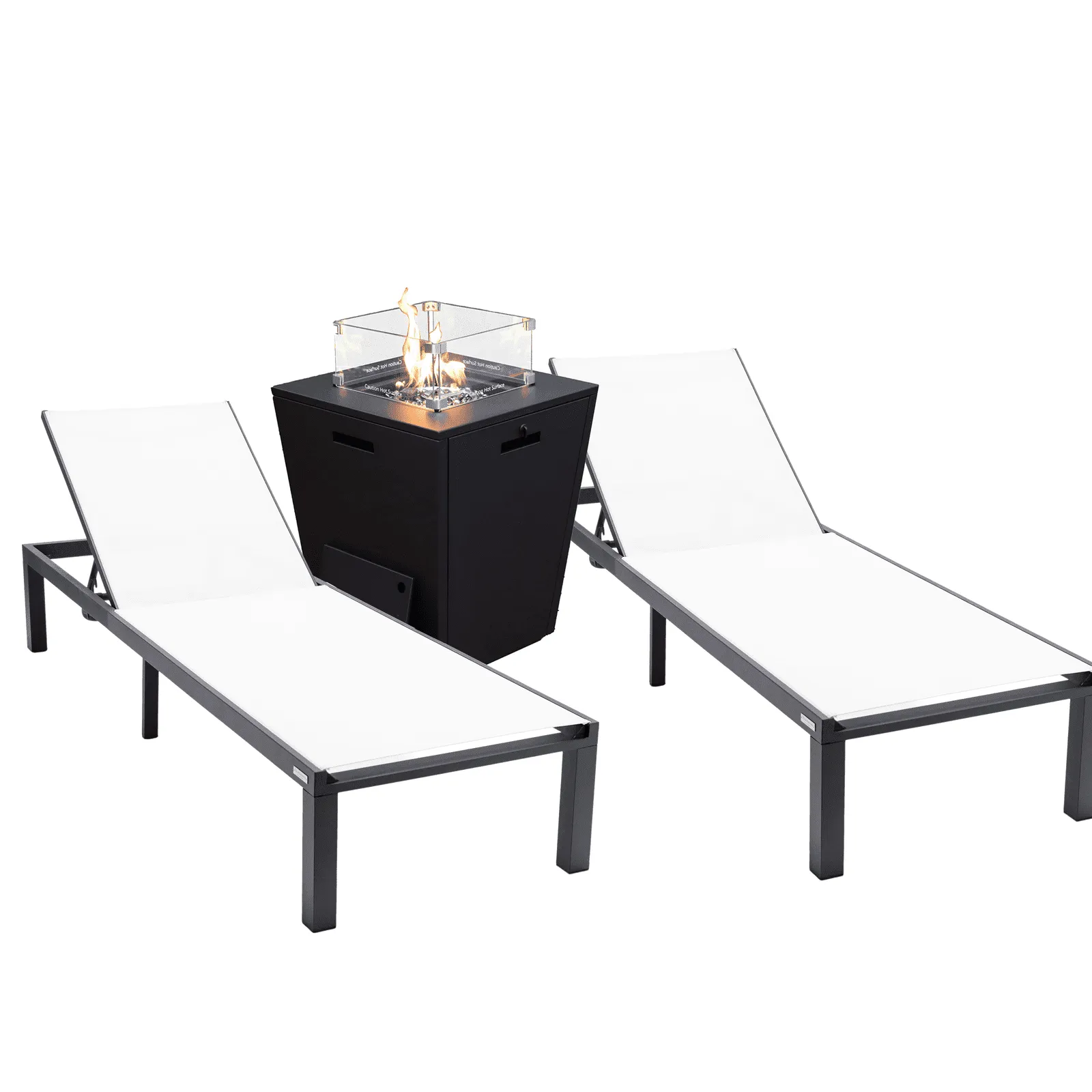 Marlin Modern Black Aluminum Outdoor Chaise Lounge Chair With Square Fire Pit Side Table Set of 2