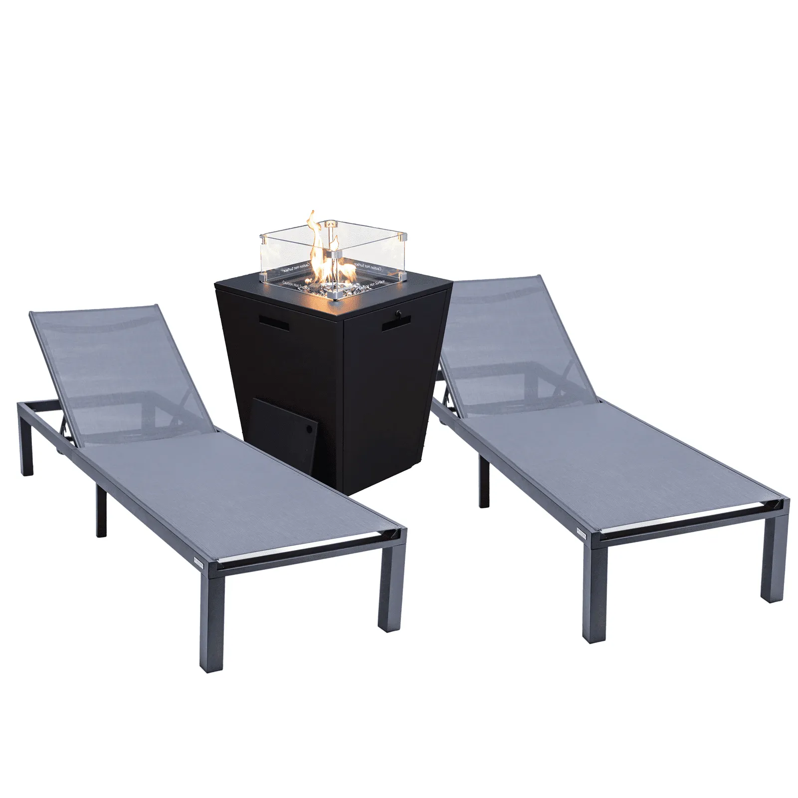 Marlin Modern Black Aluminum Outdoor Chaise Lounge Chair With Square Fire Pit Side Table Set of 2