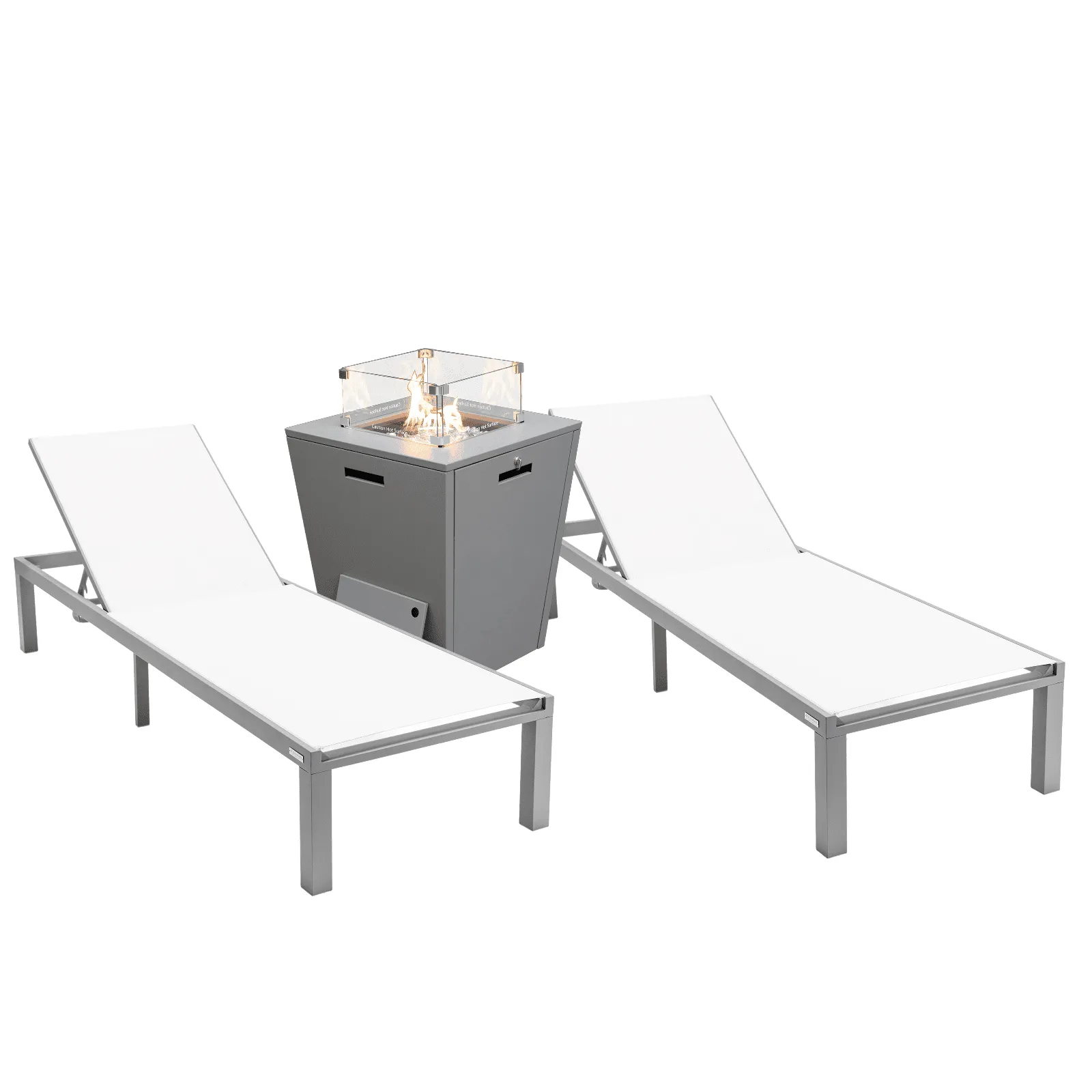 Marlin Modern Gray Aluminum Outdoor Chaise Lounge Chair With Square Fire Pit Side Table Set of 2