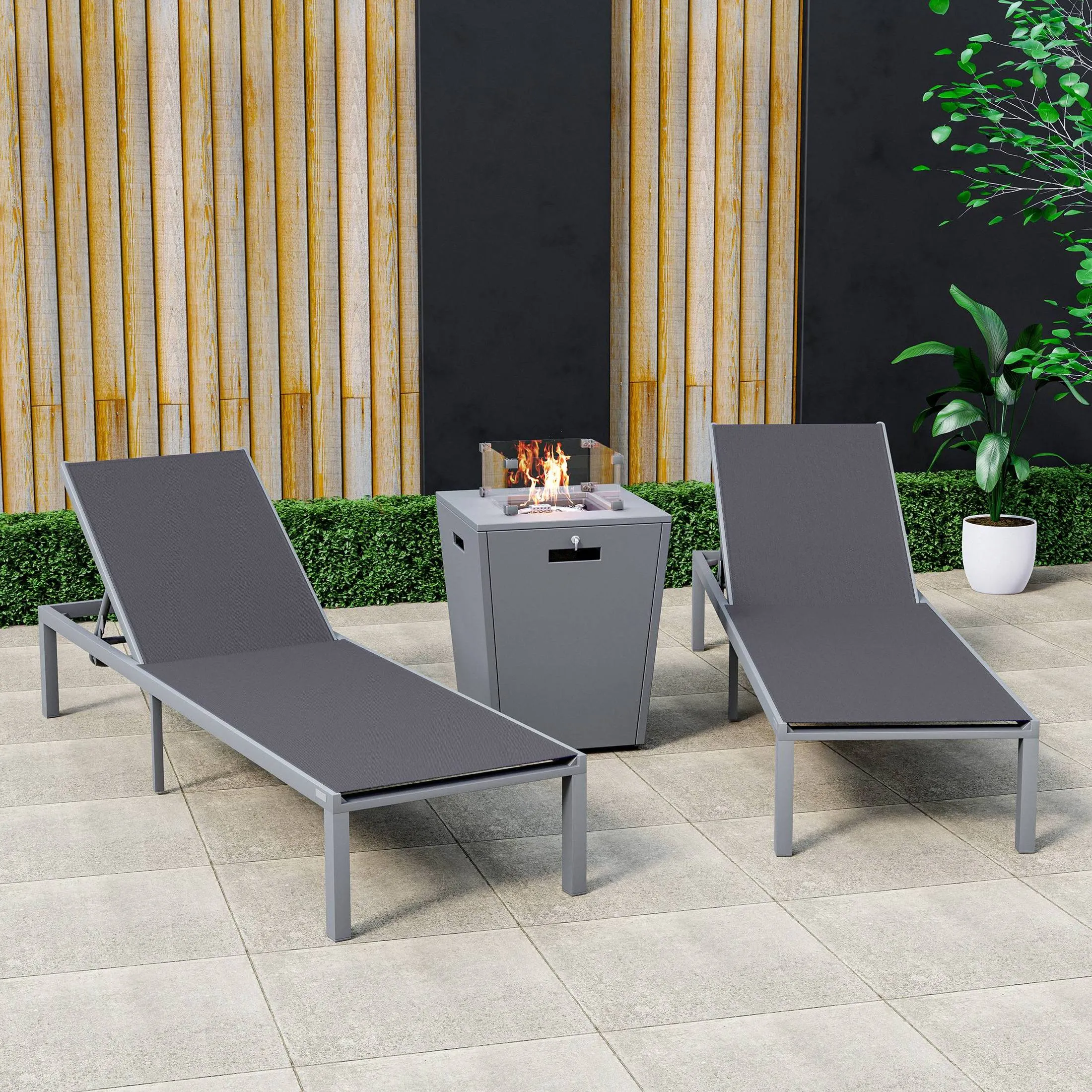 Marlin Modern Gray Aluminum Outdoor Chaise Lounge Chair With Square Fire Pit Side Table Set of 2