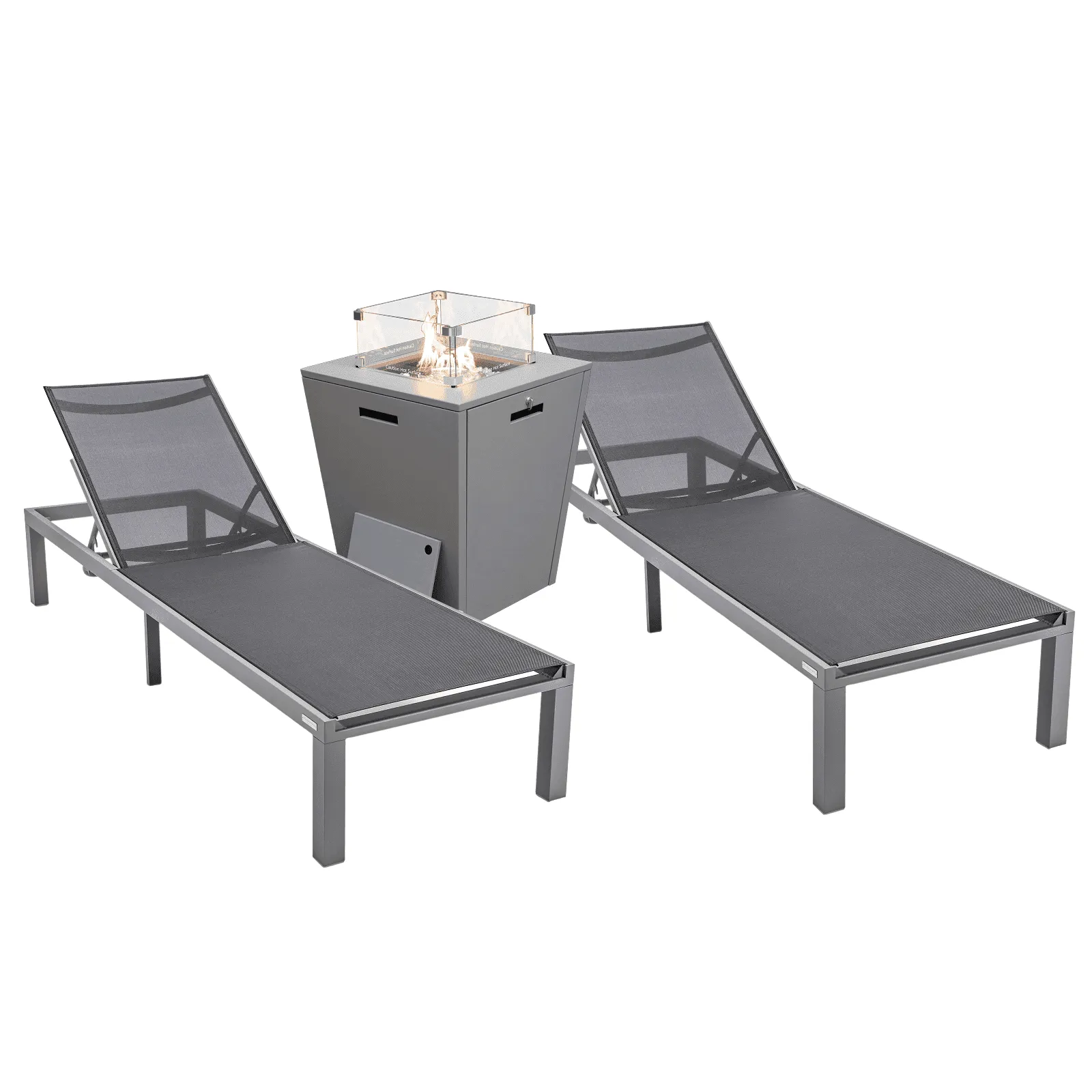 Marlin Modern Gray Aluminum Outdoor Chaise Lounge Chair With Square Fire Pit Side Table Set of 2