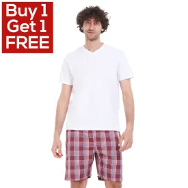 Men summer pajama set White T-shirt   Red checkered short