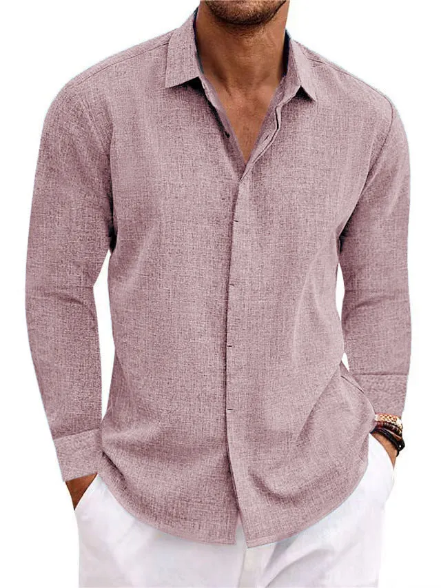 Mens Long Sleeve T-shirt Undershirt Solid Color Long Sleeve Cotton Linen Shirt