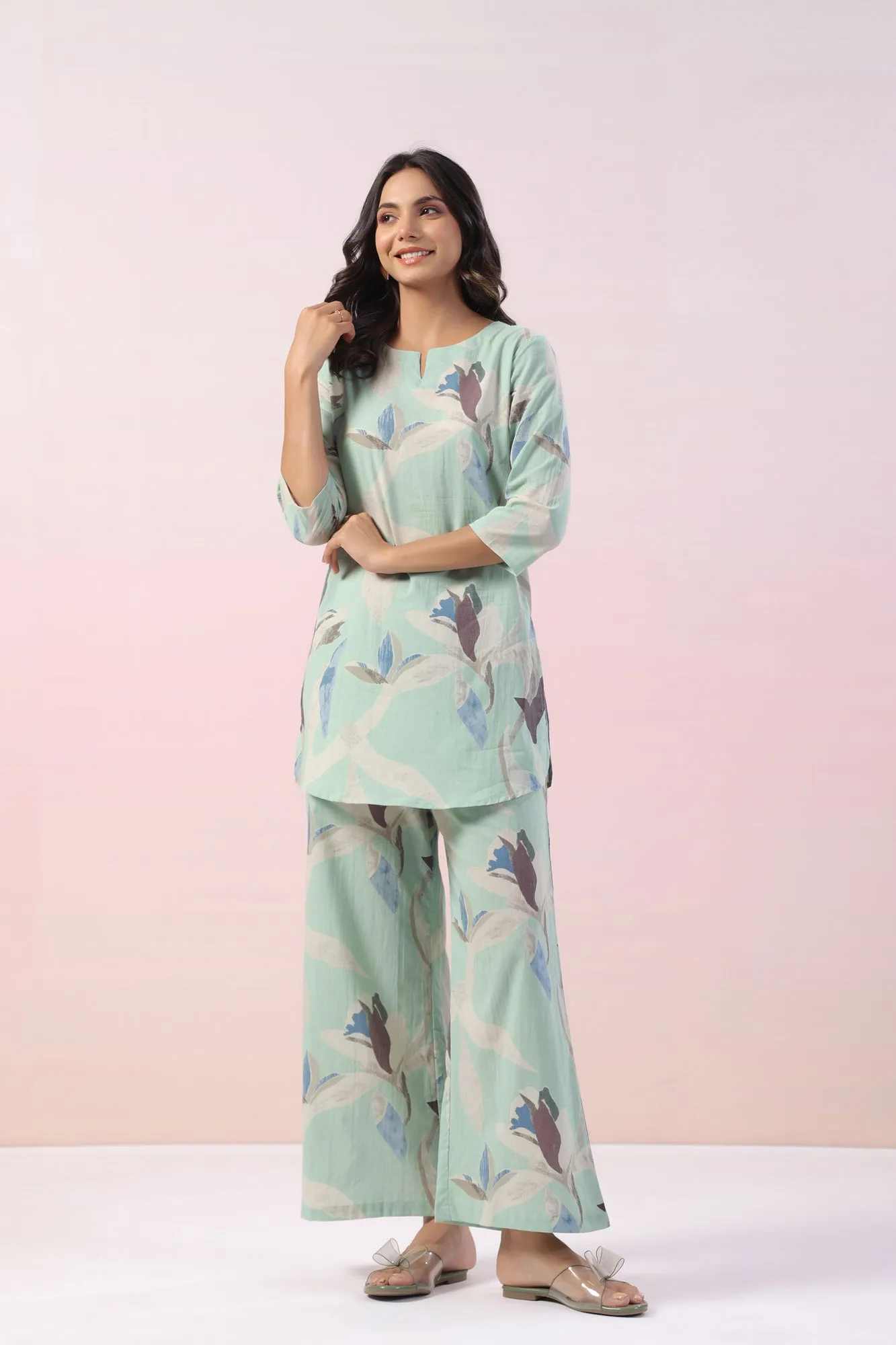 Mint Floral Cotton Palazzo Loungewear Set