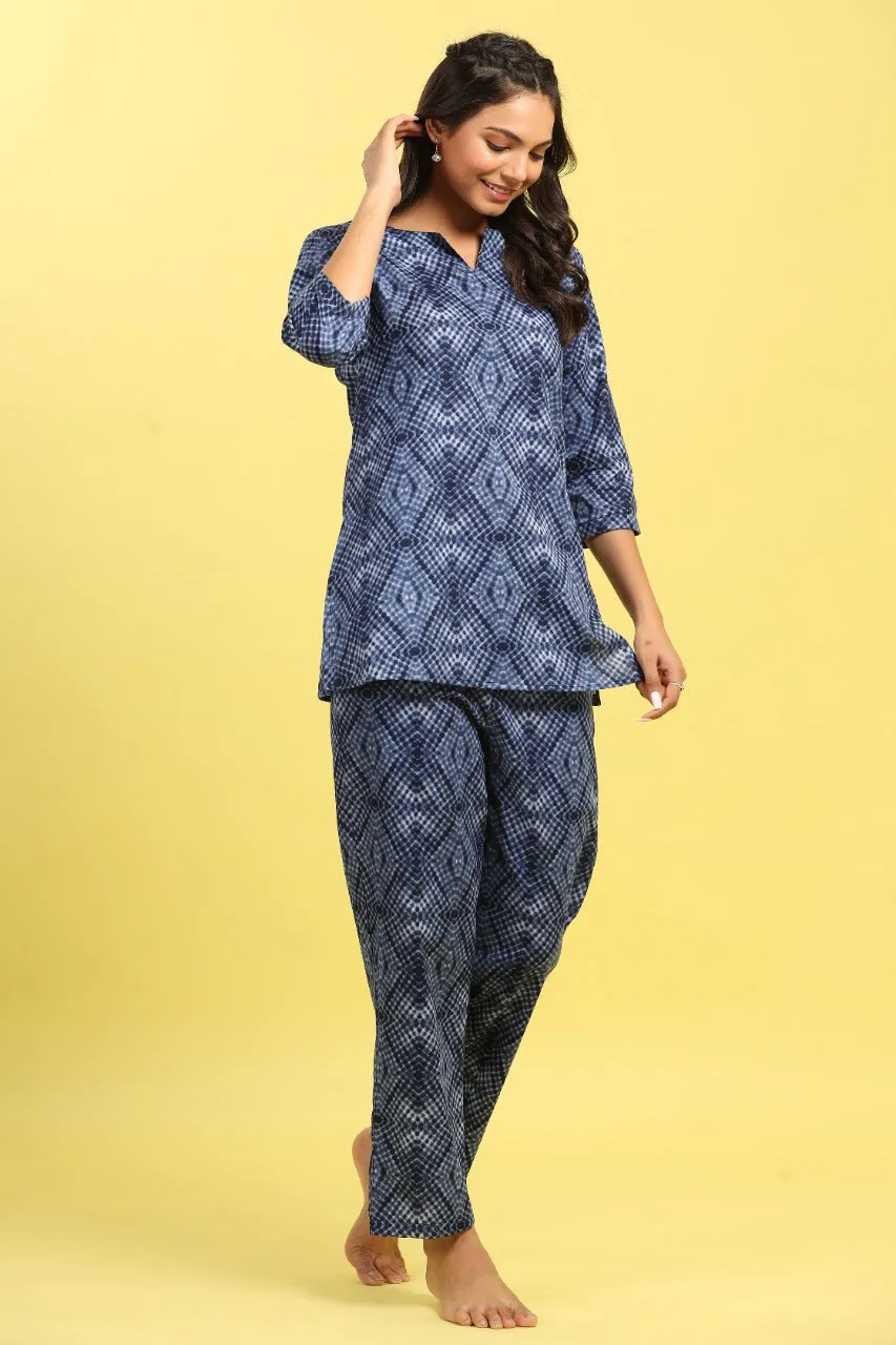 Miura Shibori On Cotton Blue Loungewear Top Set