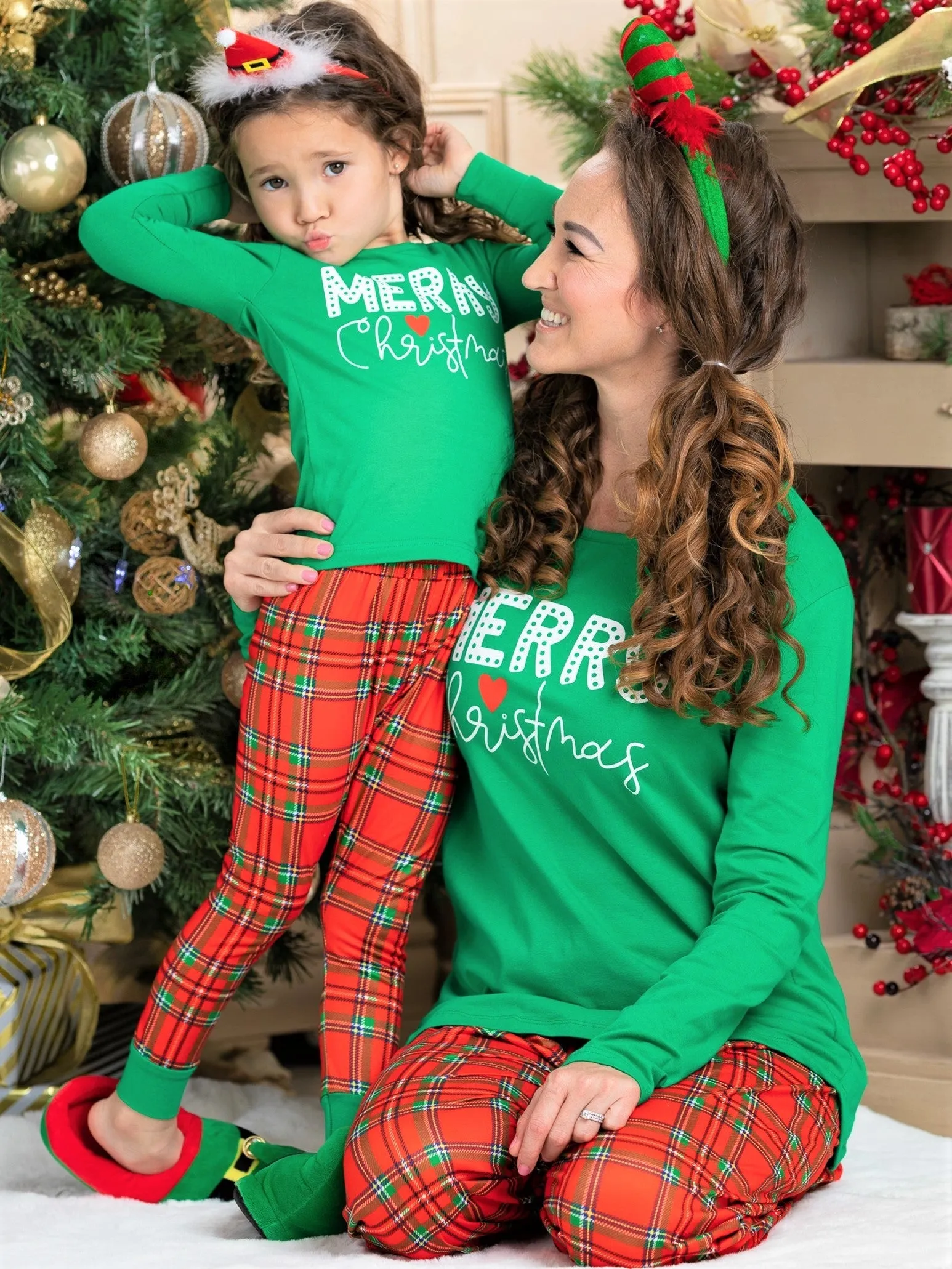 Mommy and Me Merry Christmas Plaid Pajama Set