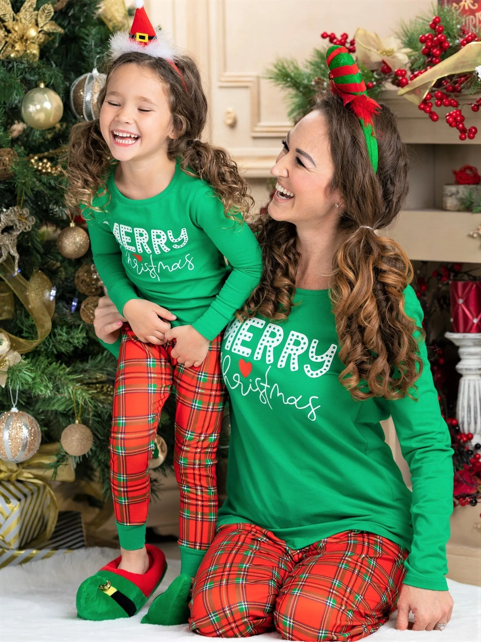 Mommy and Me Merry Christmas Plaid Pajama Set