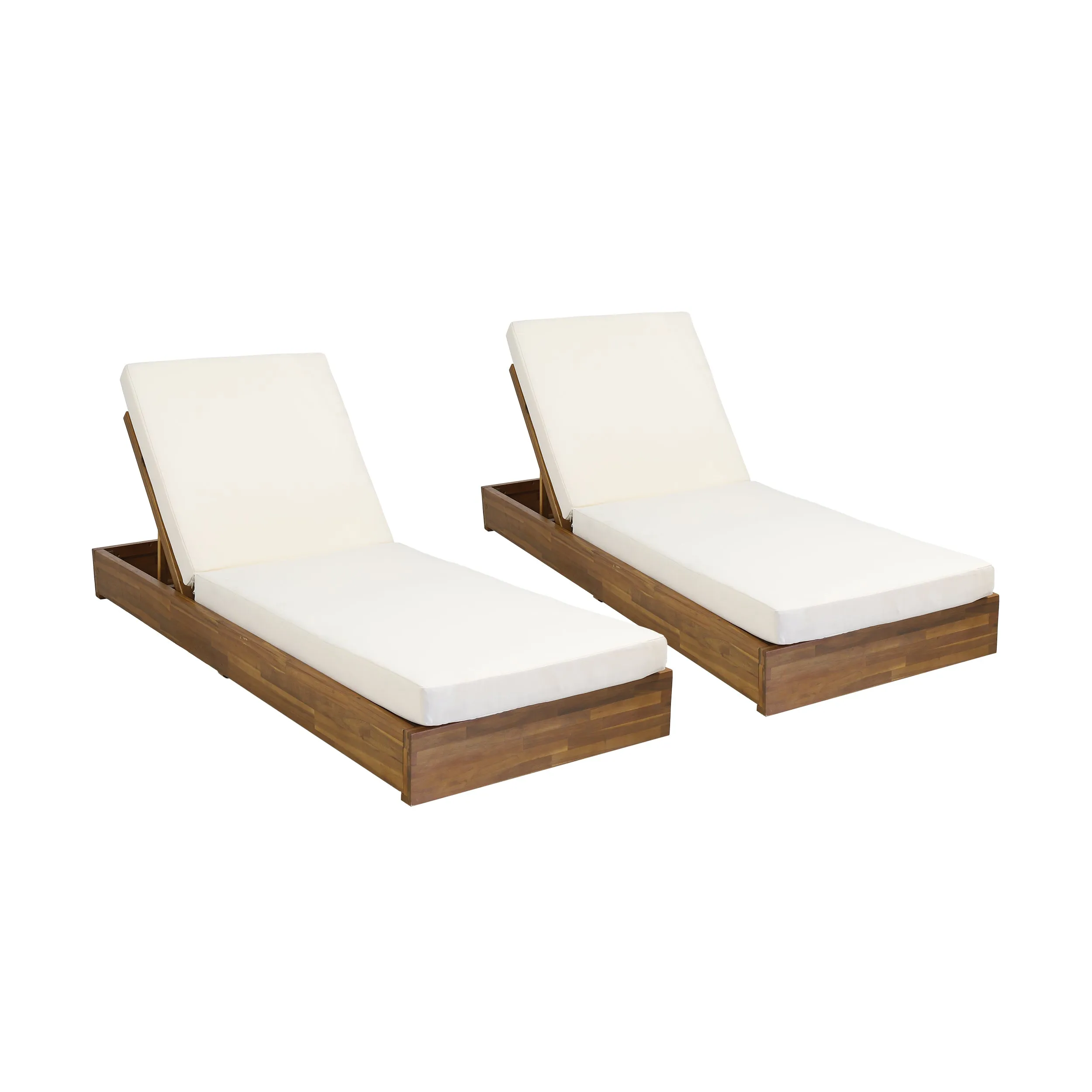 Niyanna Outdoor Acacia Wood Chaise Lounge with Cushion (Set of 2)