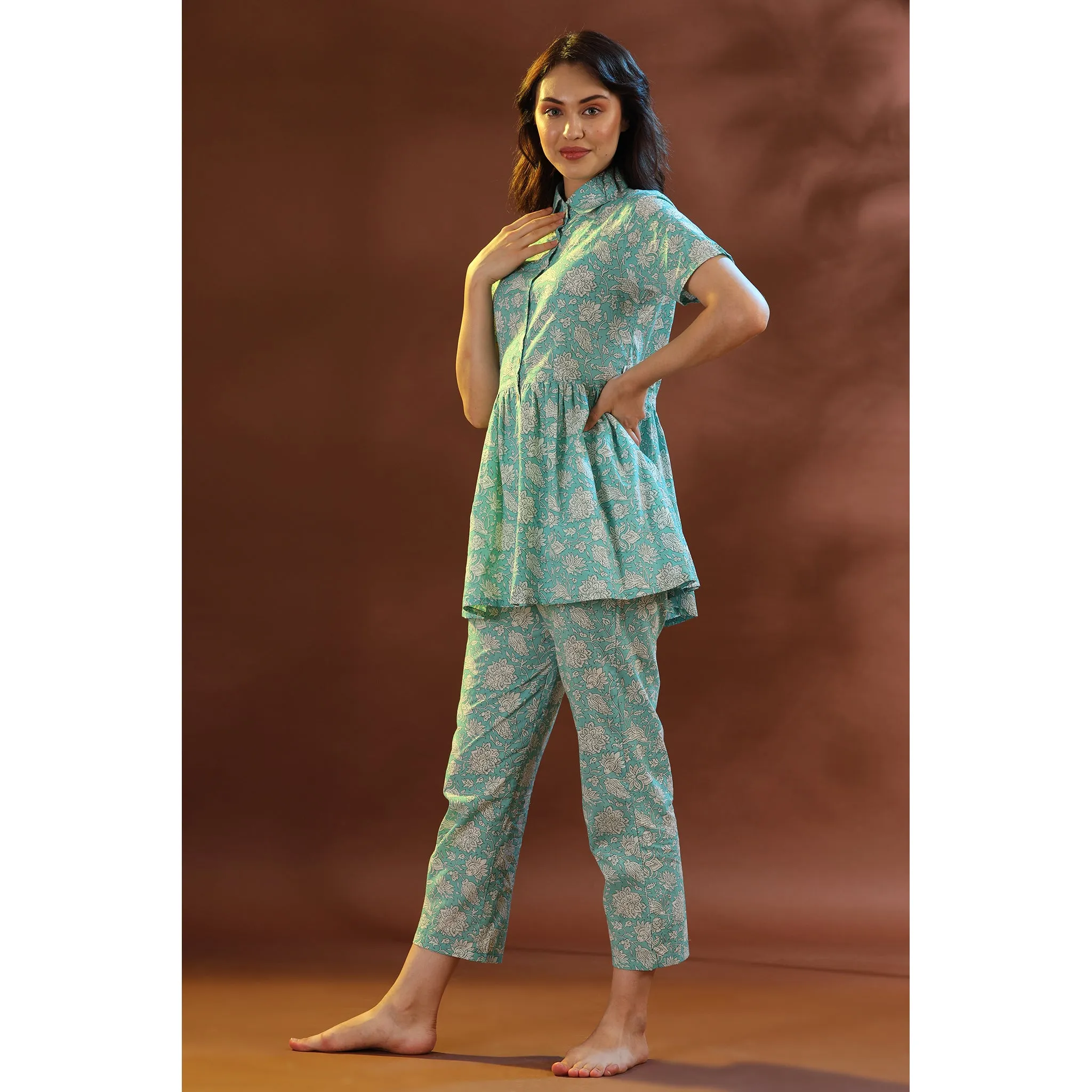 Nomadic Folk on Light Blue Loungewear Top Set