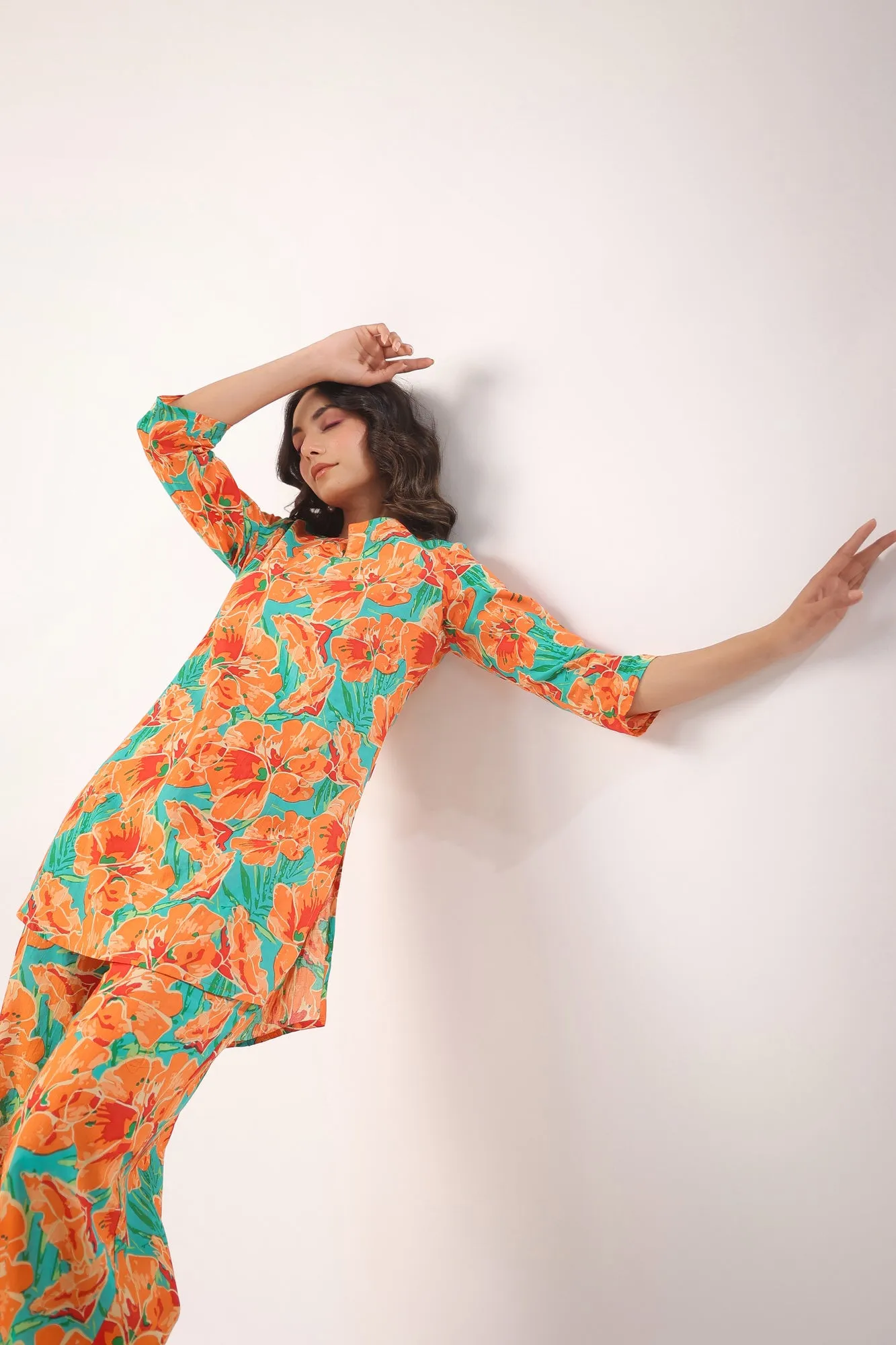 Orange Blooms on Sky Blue Palazzo Loungewear Set