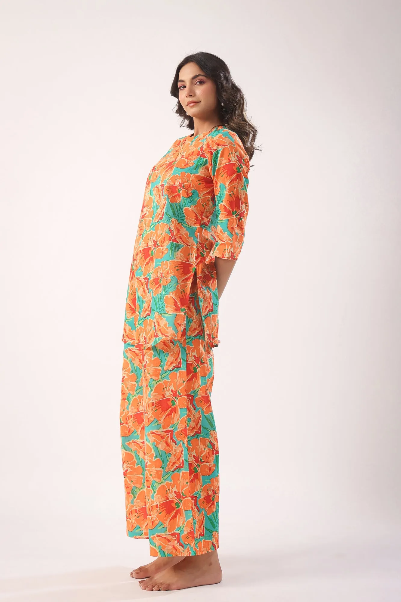 Orange Blooms on Sky Blue Palazzo Loungewear Set