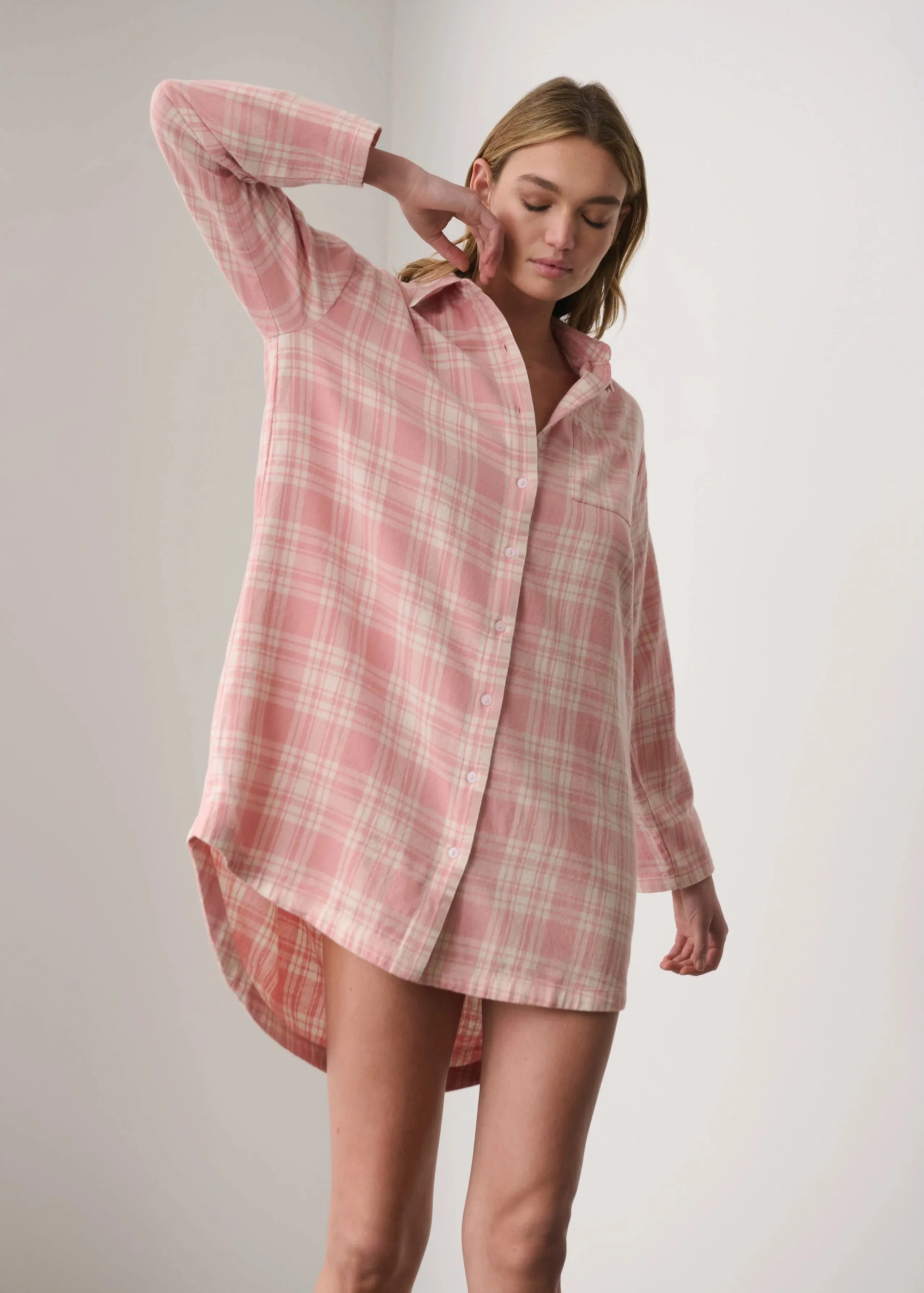 Organic Cotton Flannel Night Shirt in Pink Plaid