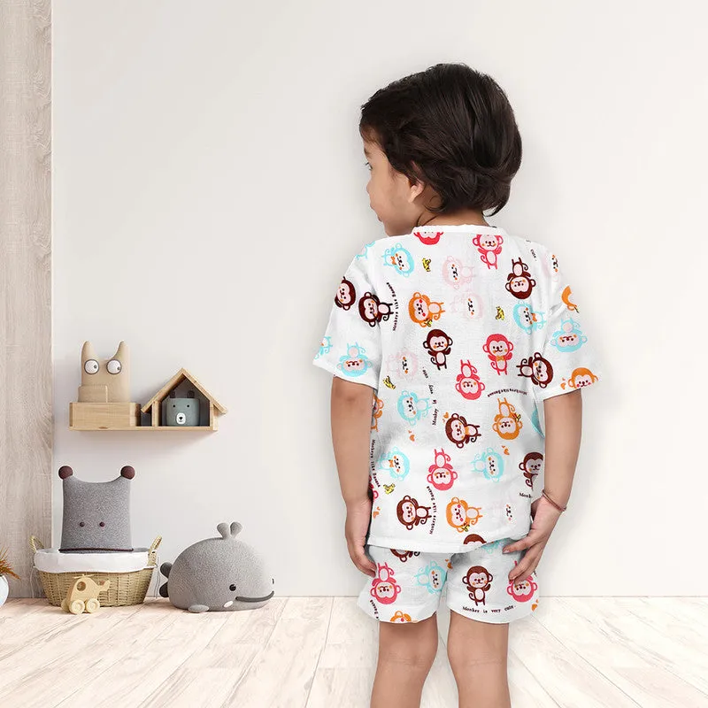 Organic Cotton Muslin Co-Ord Set for Kids | Unisex | Shirt & Shorts | Monkey Printed | Red