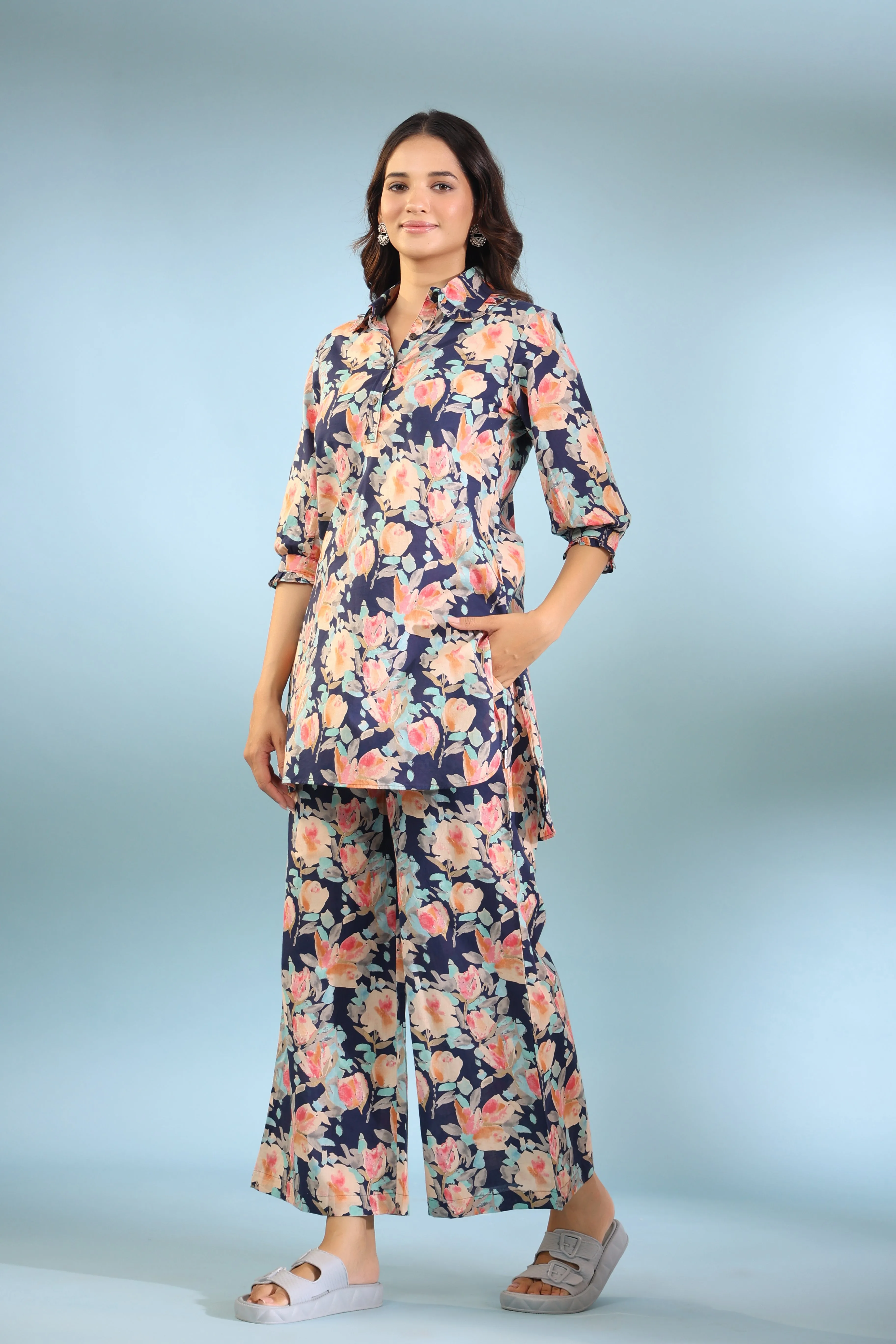 Painted Florals on Cotton Palazzo Loungewear Set