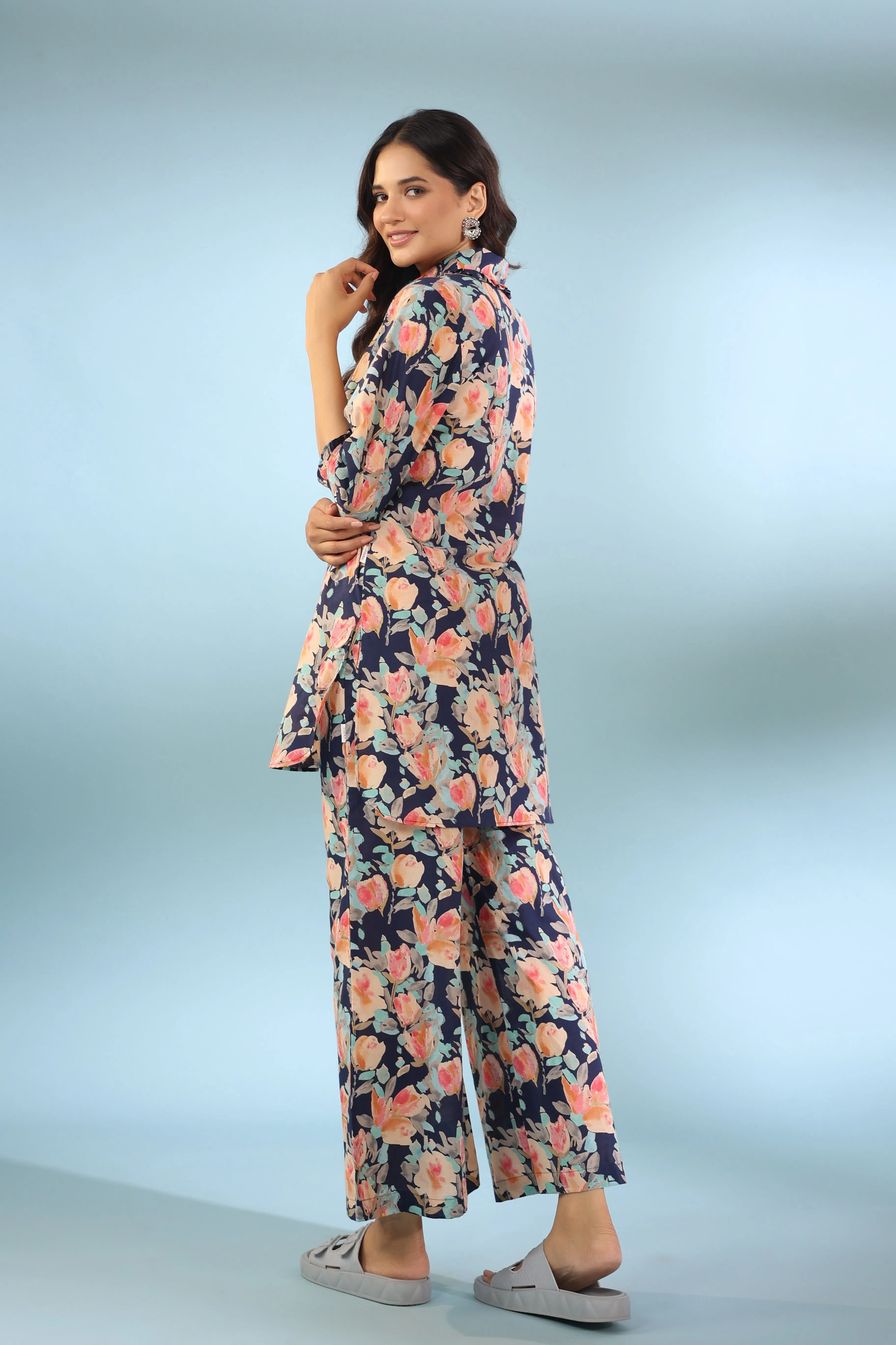 Painted Florals on Cotton Palazzo Loungewear Set