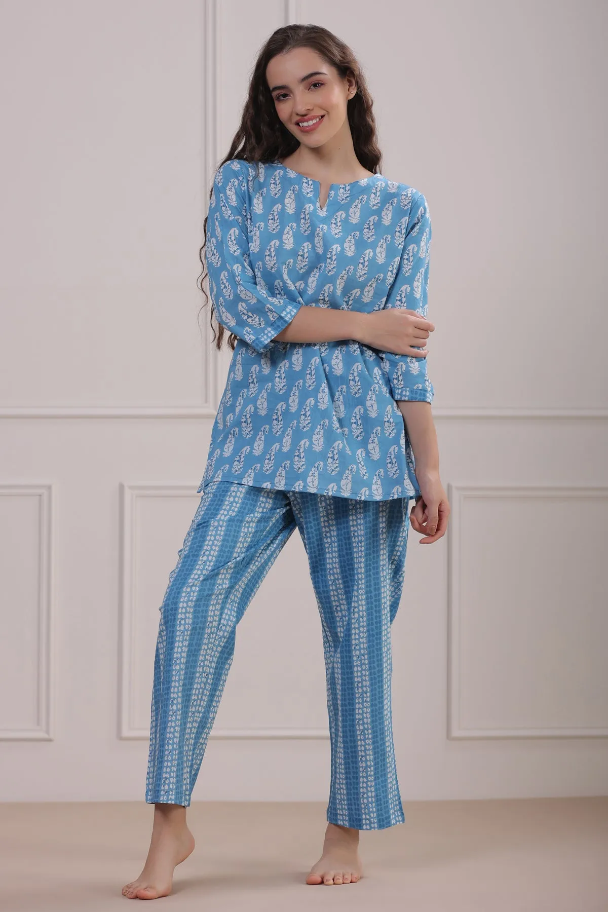 Paisley with Stripes on Blue Loungewear Top Set