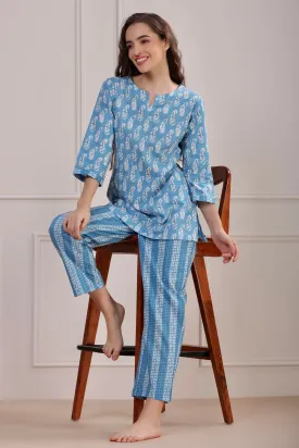 Paisley with Stripes on Blue Loungewear Top Set