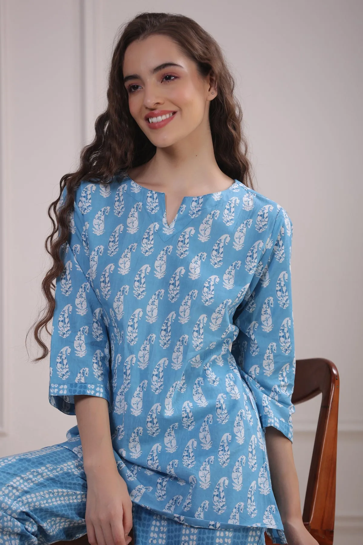 Paisley with Stripes on Blue Loungewear Top Set